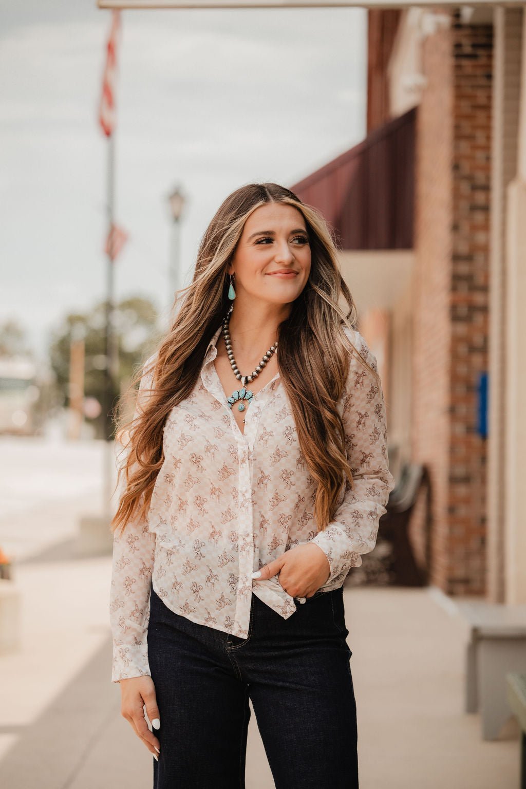 Blue B "Let'r Buck" Western Chiffon Button-Down Blouse — Soft Feminine Rodeo Print - Rooted & Reckless Co.