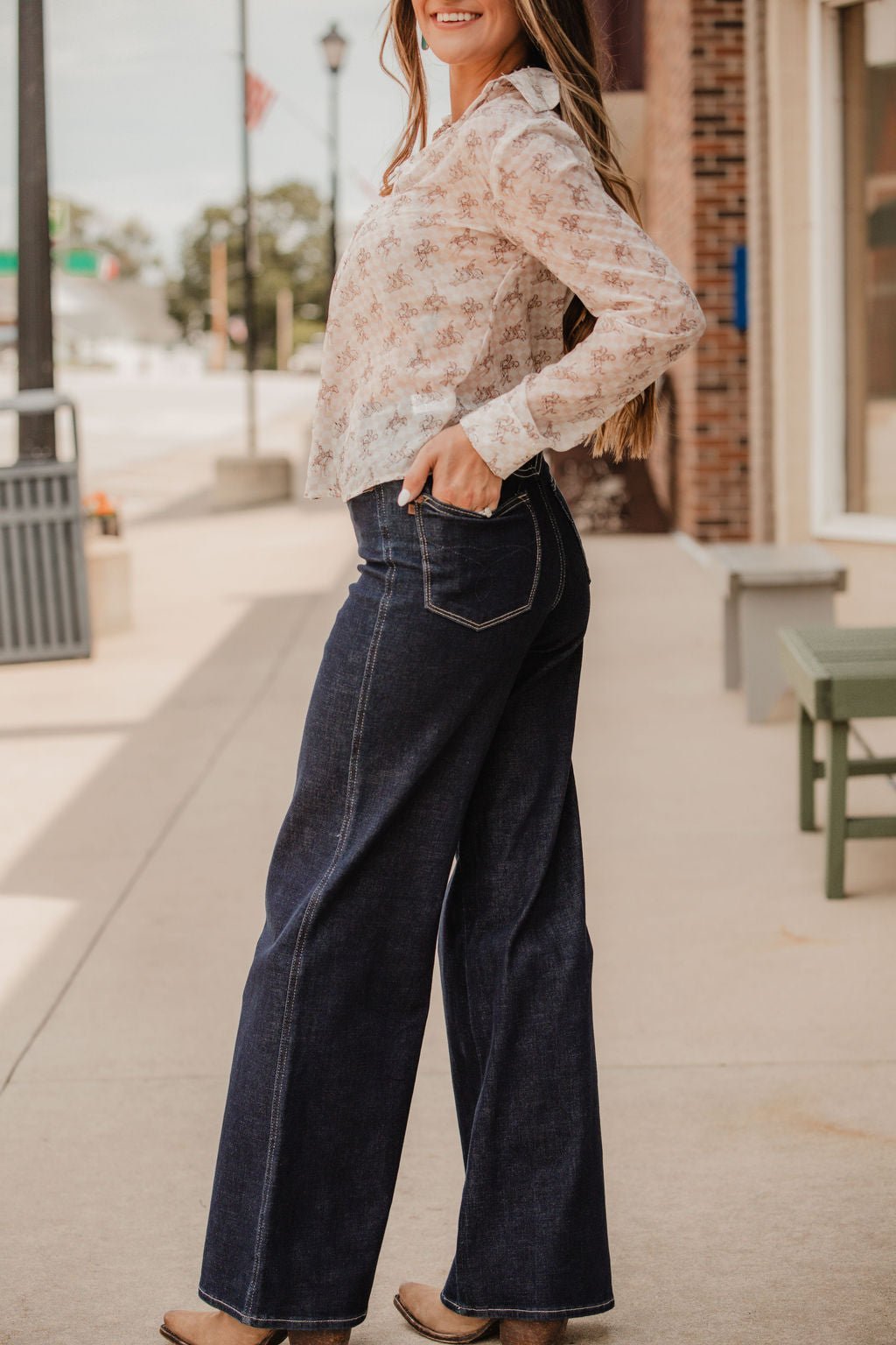 Blue B "Let'r Buck" Western Chiffon Button-Down Blouse — Soft Feminine Rodeo Print - Rooted & Reckless Co.