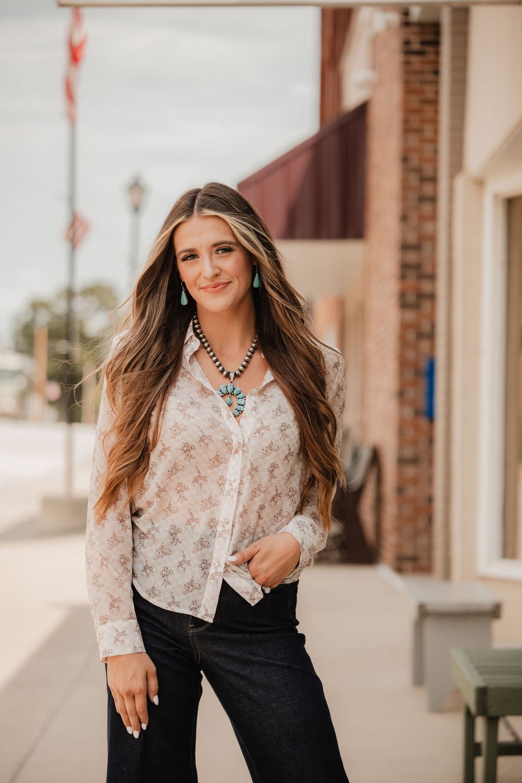 Blue B "Let'r Buck" Western Chiffon Button-Down Blouse — Soft Feminine Rodeo Print - Rooted & Reckless Co.