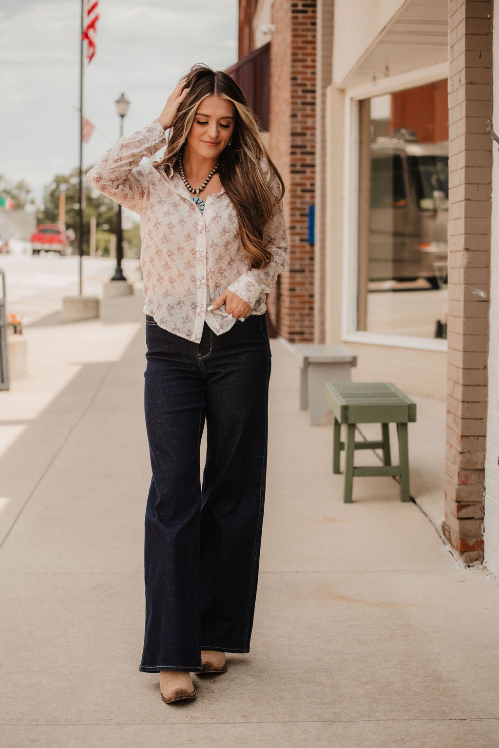 Blue B "Let'r Buck" Western Chiffon Button-Down Blouse — Soft Feminine Rodeo Print - Rooted & Reckless Co.