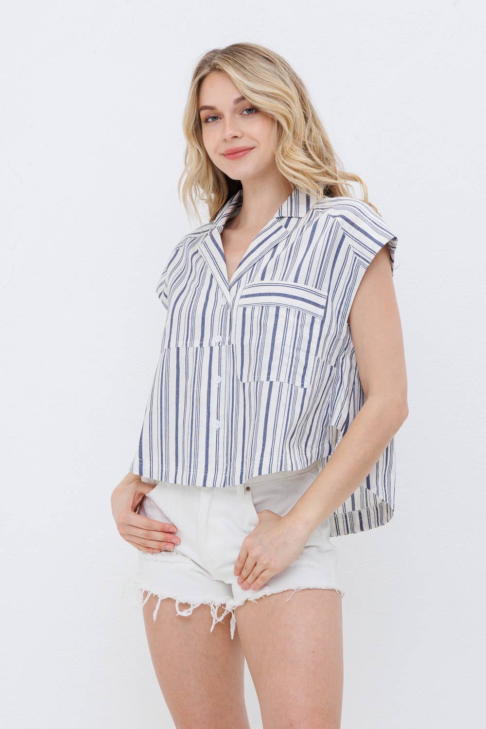 Blue B Navy Stripe Western Button-Up Shirt — Cotton Yarn-Dyed Soft Cowgirl Staple - Rooted & Reckless Co.