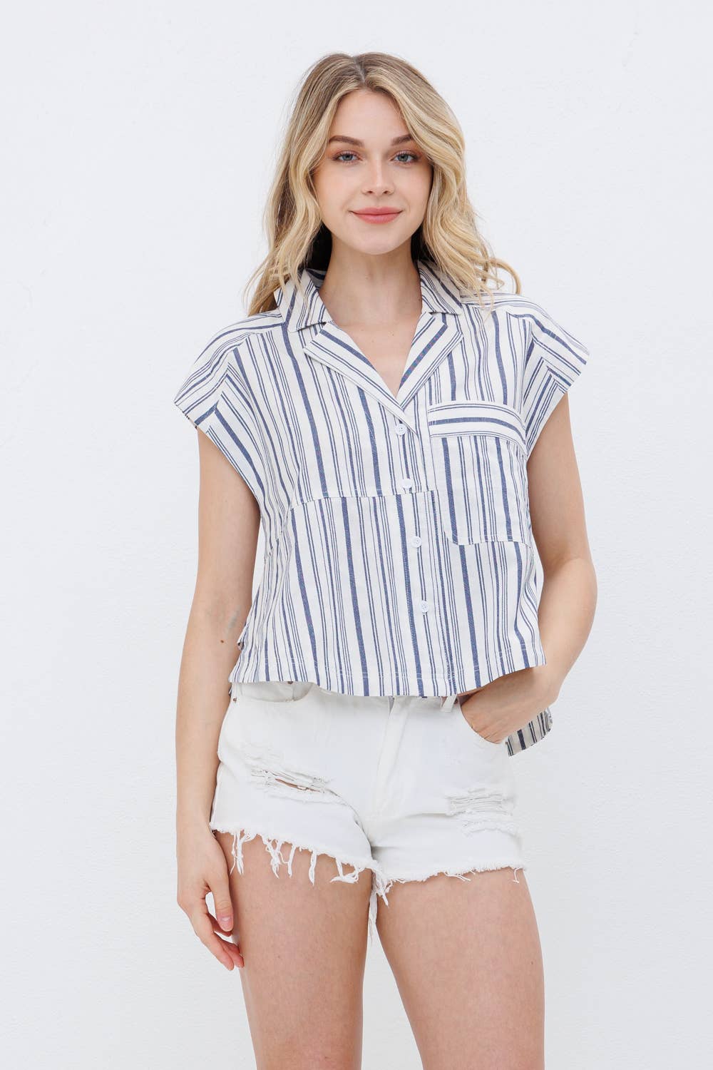 Blue B Navy Stripe Western Button-Up Shirt — Cotton Yarn-Dyed Soft Cowgirl Staple - Rooted & Reckless Co.