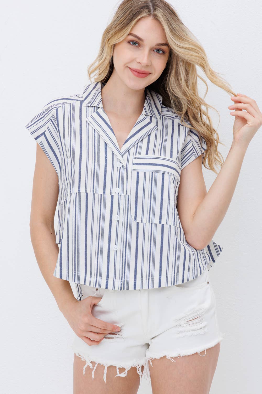 Blue B Navy Stripe Western Button-Up Shirt — Cotton Yarn-Dyed Soft Cowgirl Staple - Rooted & Reckless Co.
