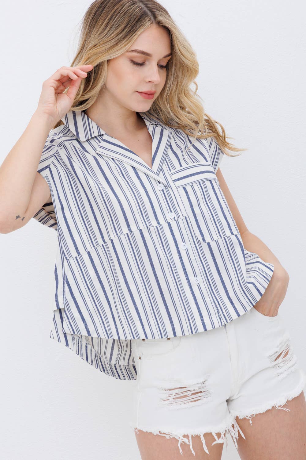 Blue B Navy Stripe Western Button-Up Shirt — Cotton Yarn-Dyed Soft Cowgirl Staple - Rooted & Reckless Co.