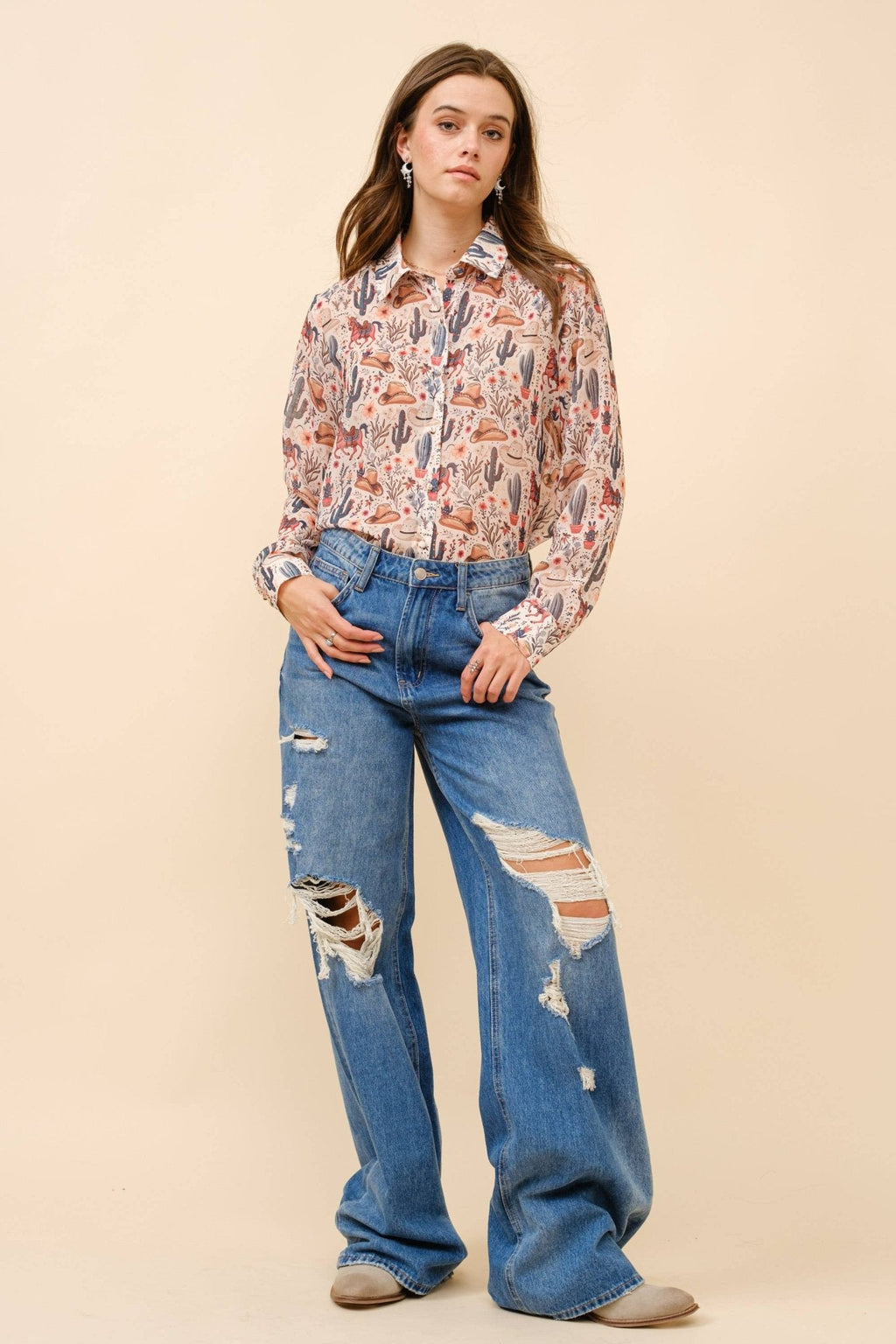 Blue B "Painted Desert" Western Chiffon Button-Up Blouse — Lightweight Semi-Opaque Desert Print (small remains) - Rooted & Reckless Co.