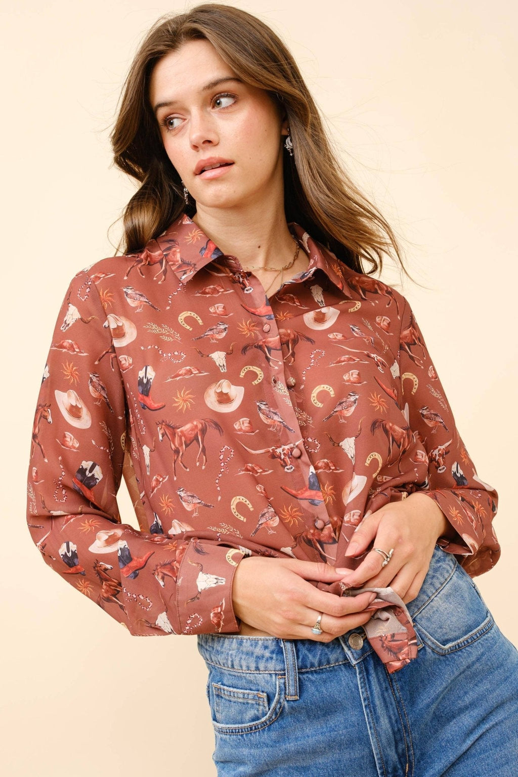 Blue B "Painted Desert" Western Chiffon Button-Up Blouse — Lightweight Semi-Opaque Desert Print (small remains) - Rooted & Reckless Co.