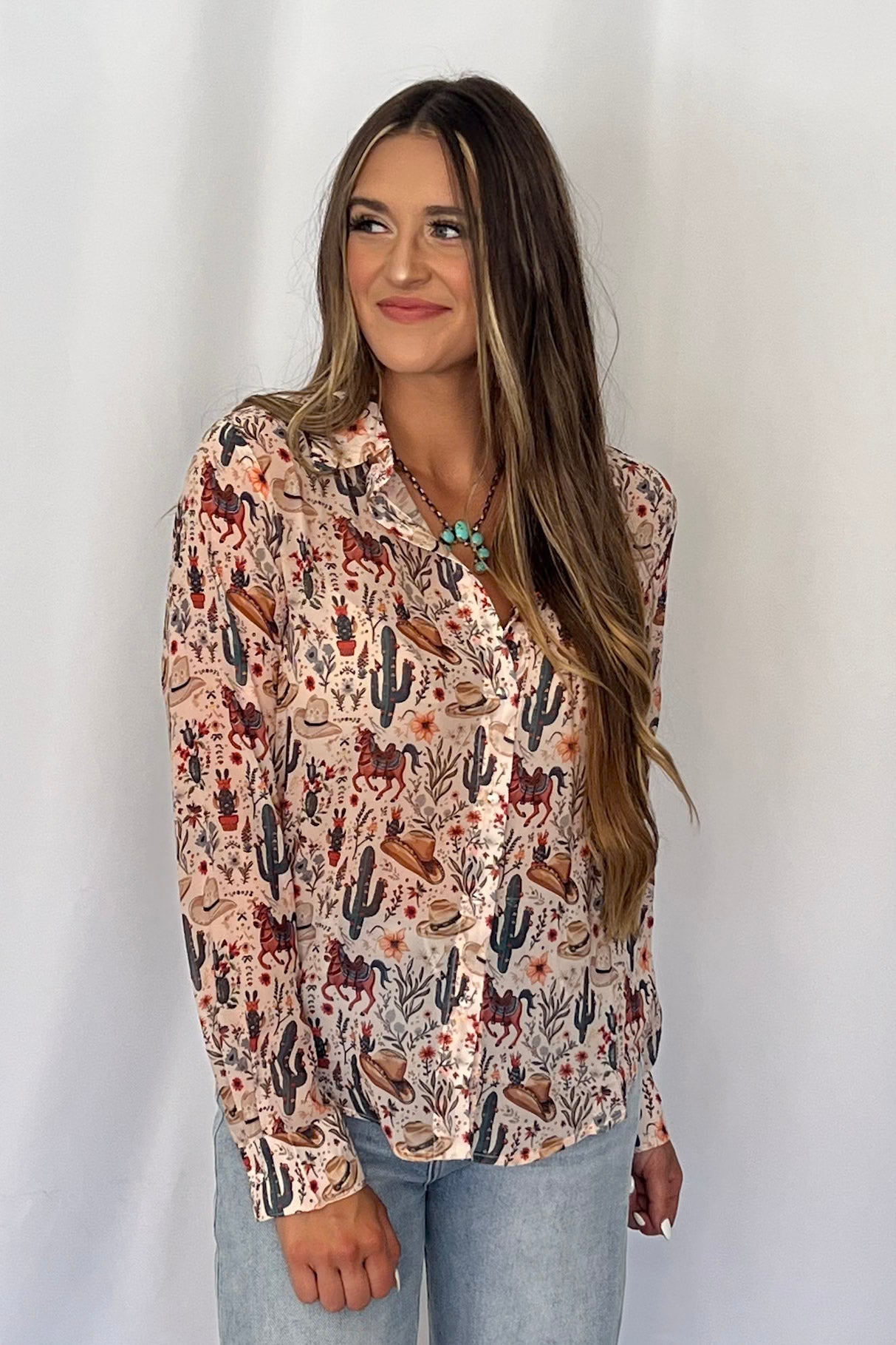 Blue B "Painted Desert" Western Chiffon Button-Up Blouse — Lightweight Semi-Opaque Desert Print (small remains) - Rooted & Reckless Co.