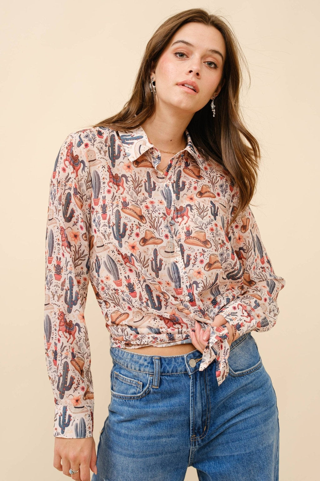 Blue B "Painted Desert" Western Chiffon Button-Up Blouse — Lightweight Semi-Opaque Desert Print (small remains) - Rooted & Reckless Co.