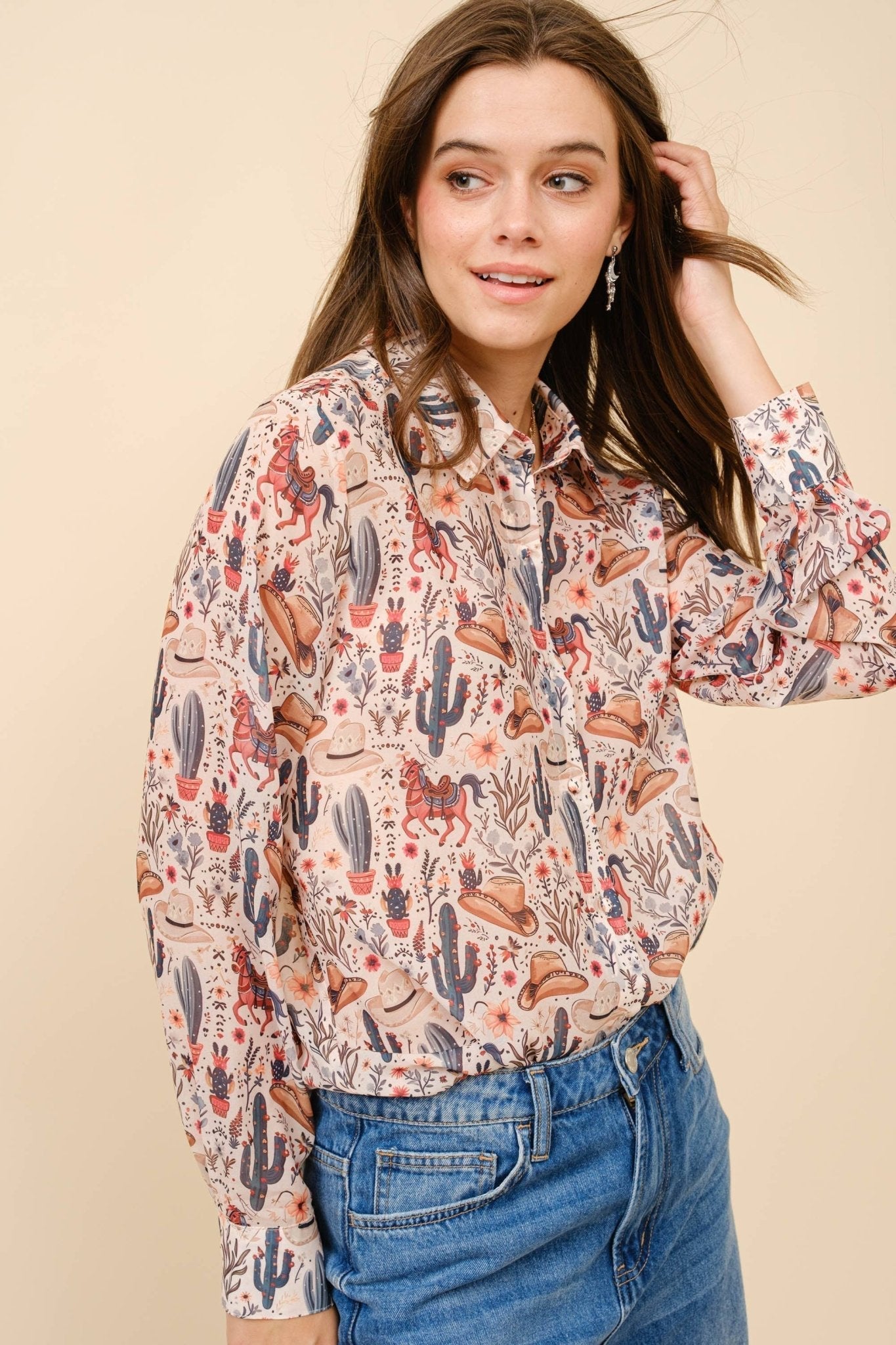 Blue B "Painted Desert" Western Chiffon Button-Up Blouse — Lightweight Semi-Opaque Desert Print (small remains) - Rooted & Reckless Co.