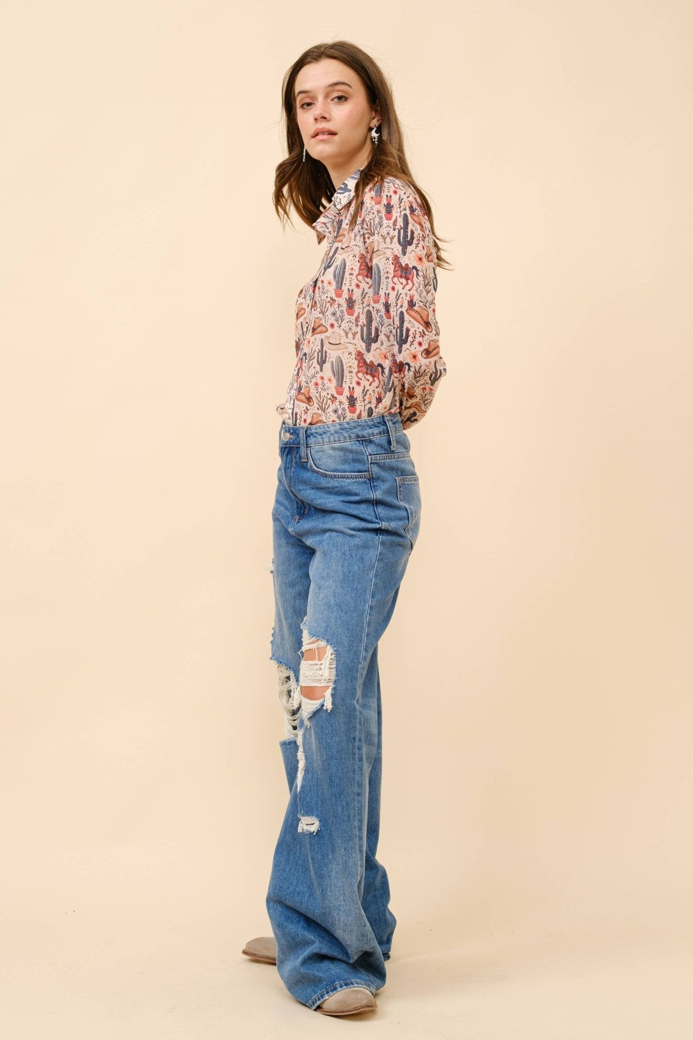 Blue B "Painted Desert" Western Chiffon Button-Up Blouse — Lightweight Semi-Opaque Desert Print (small remains) - Rooted & Reckless Co.