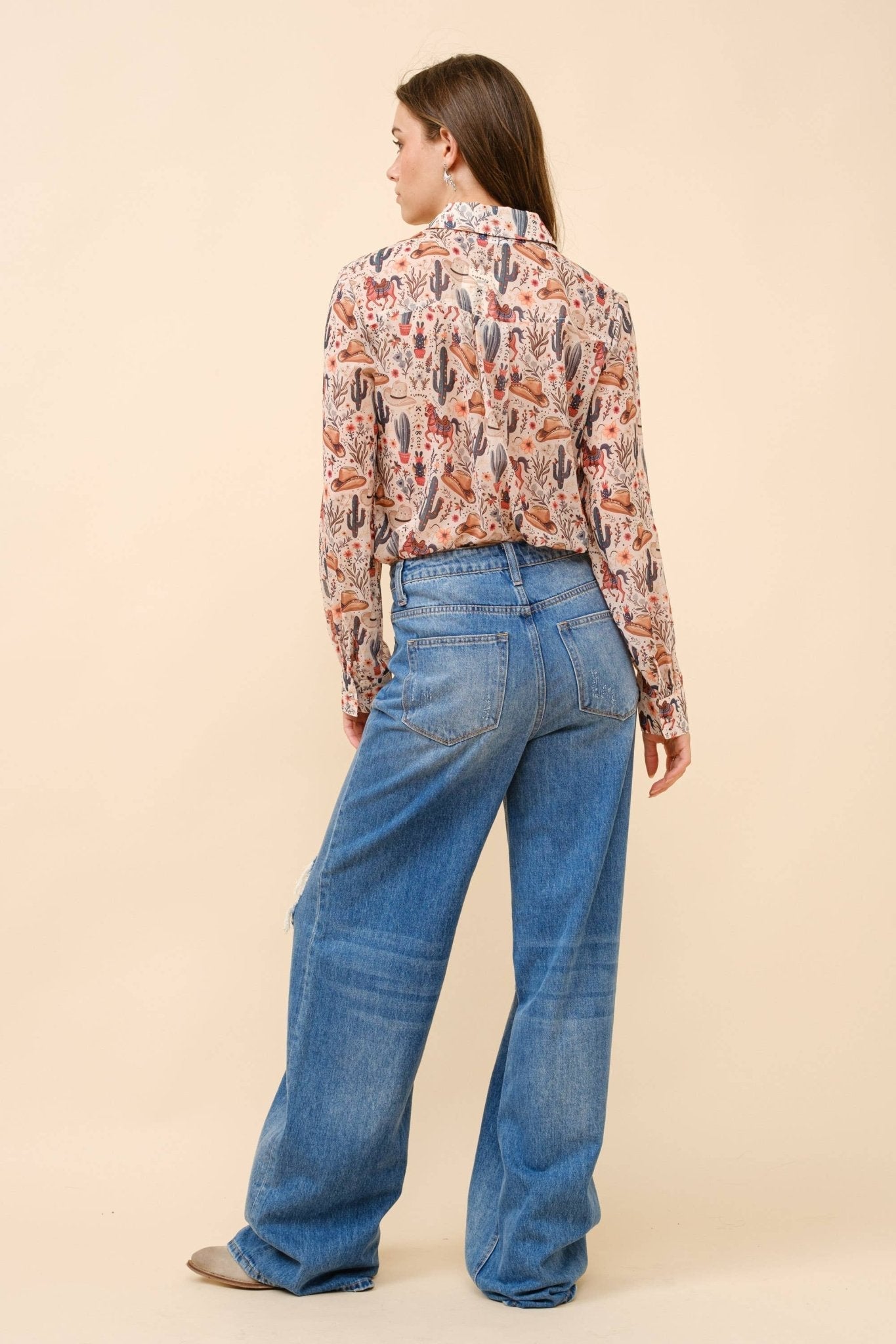 Blue B "Painted Desert" Western Chiffon Button-Up Blouse — Lightweight Semi-Opaque Desert Print (small remains) - Rooted & Reckless Co.