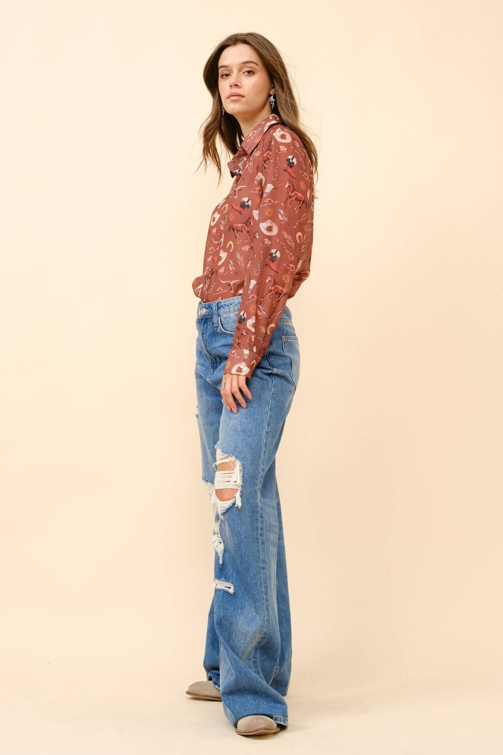 Blue B "Painted Desert" Western Chiffon Button-Up Blouse — Lightweight Semi-Opaque Desert Print (small remains) - Rooted & Reckless Co.