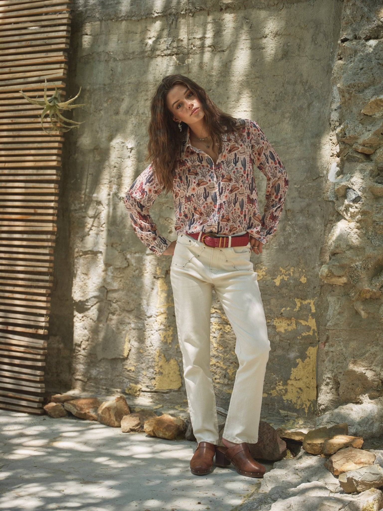 Blue B "Painted Desert" Western Chiffon Button-Up Blouse — Lightweight Semi-Opaque Desert Print (small remains) - Rooted & Reckless Co.