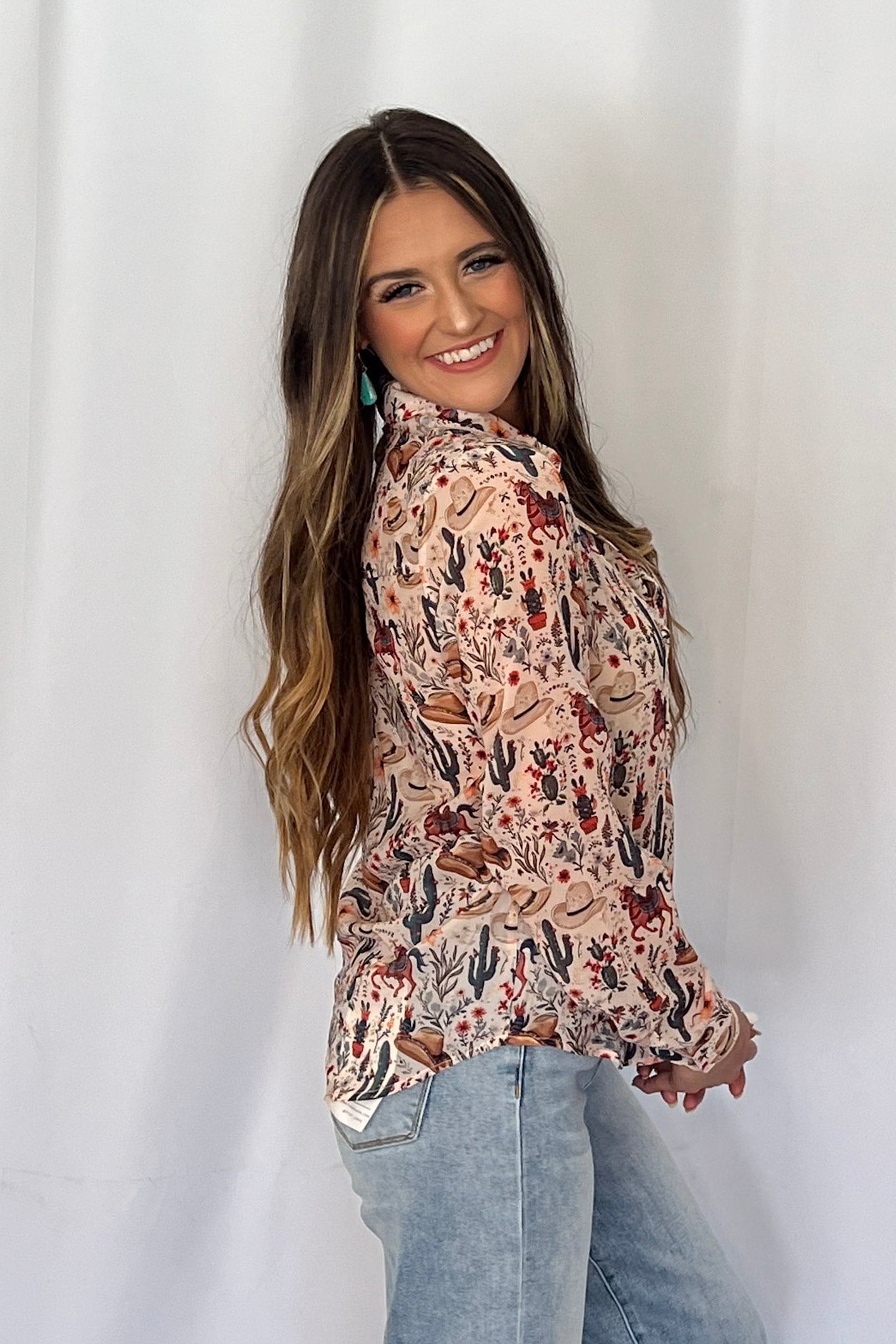 Blue B "Painted Desert" Western Chiffon Button-Up Blouse — Lightweight Semi-Opaque Desert Print (small remains) - Rooted & Reckless Co.
