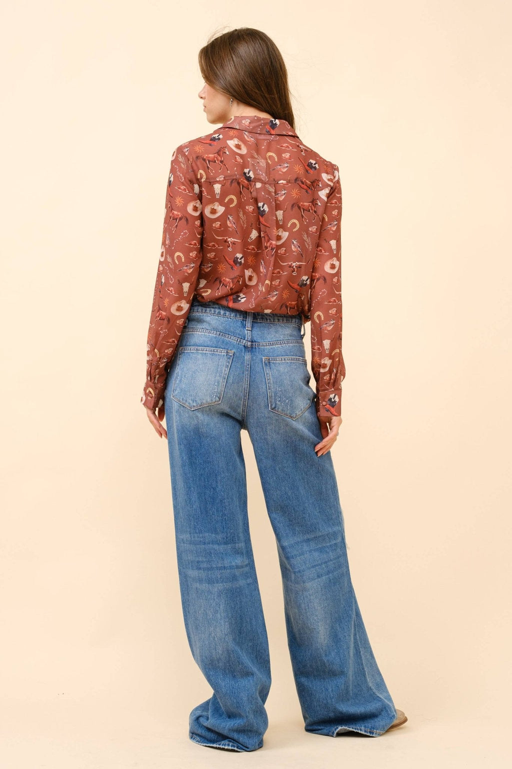 Blue B "Painted Desert" Western Chiffon Button-Up Blouse — Lightweight Semi-Opaque Desert Print (small remains) - Rooted & Reckless Co.