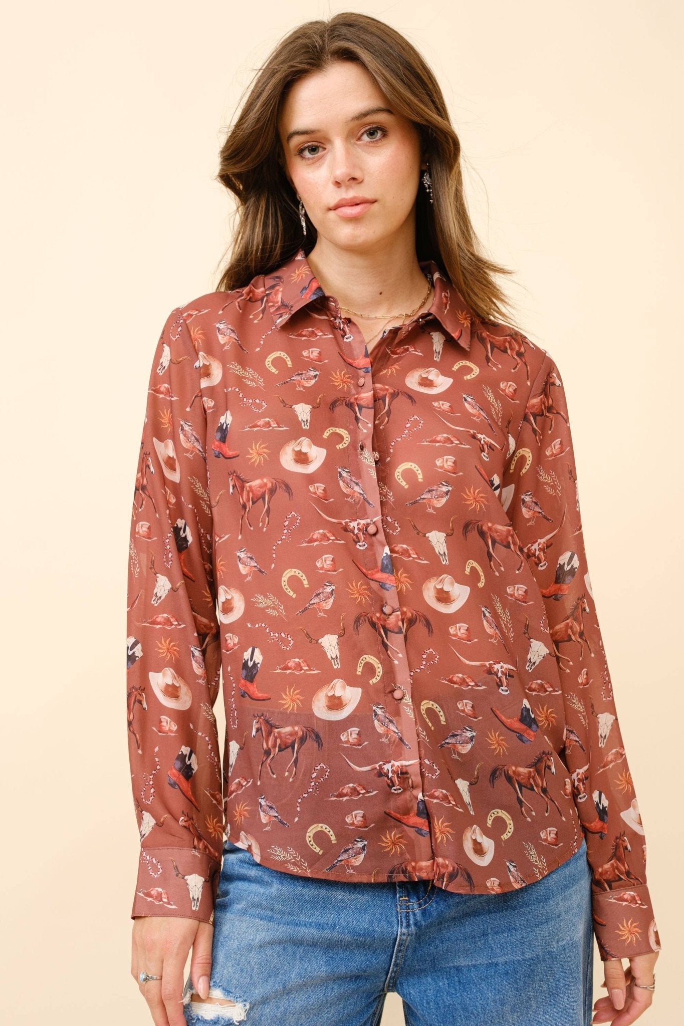 Blue B "Painted Desert" Western Chiffon Button-Up Blouse — Lightweight Semi-Opaque Desert Print (small remains) - Rooted & Reckless Co.