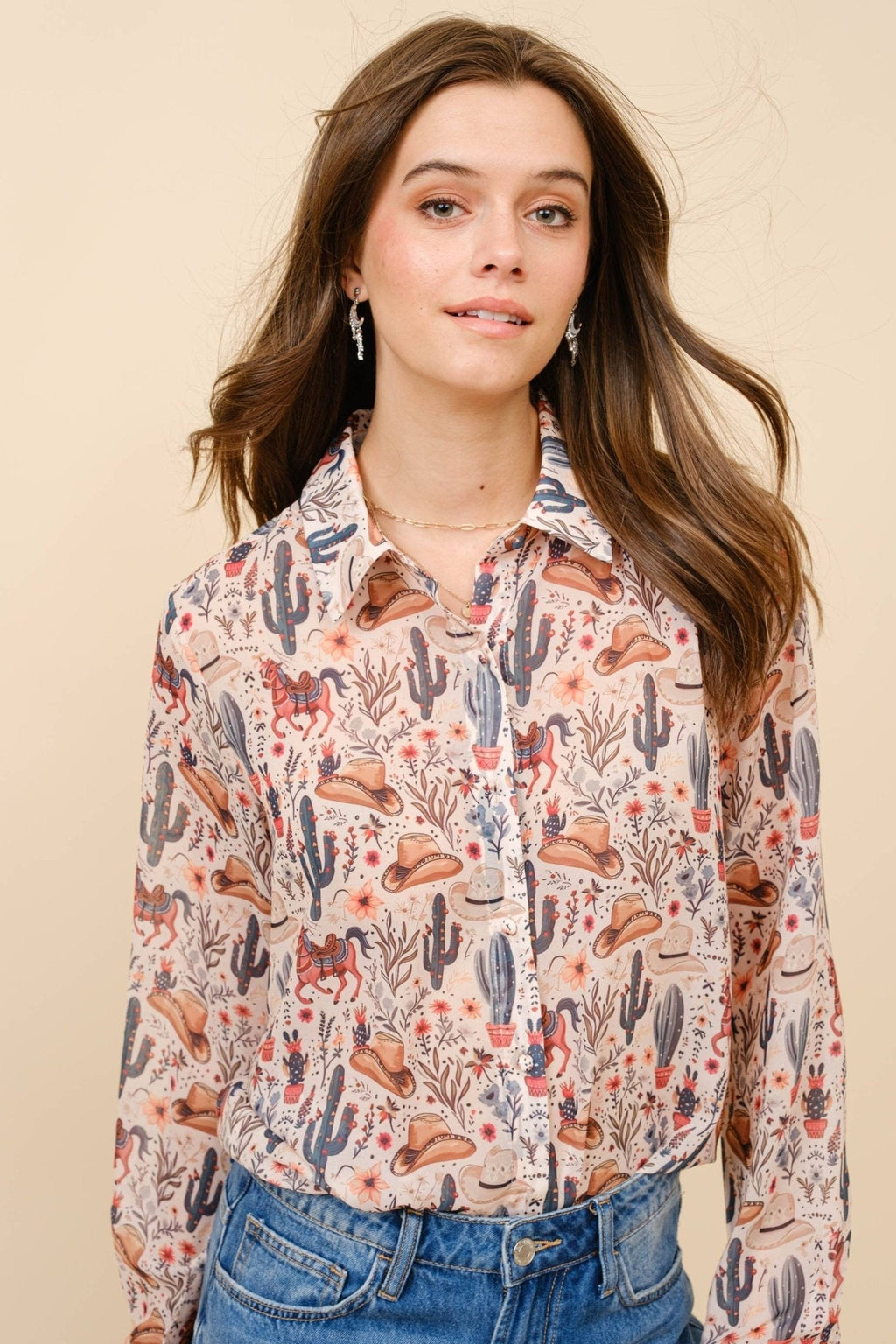 Blue B "Painted Desert" Western Chiffon Button-Up Blouse — Lightweight Semi-Opaque Desert Print (small remains) - Rooted & Reckless Co.