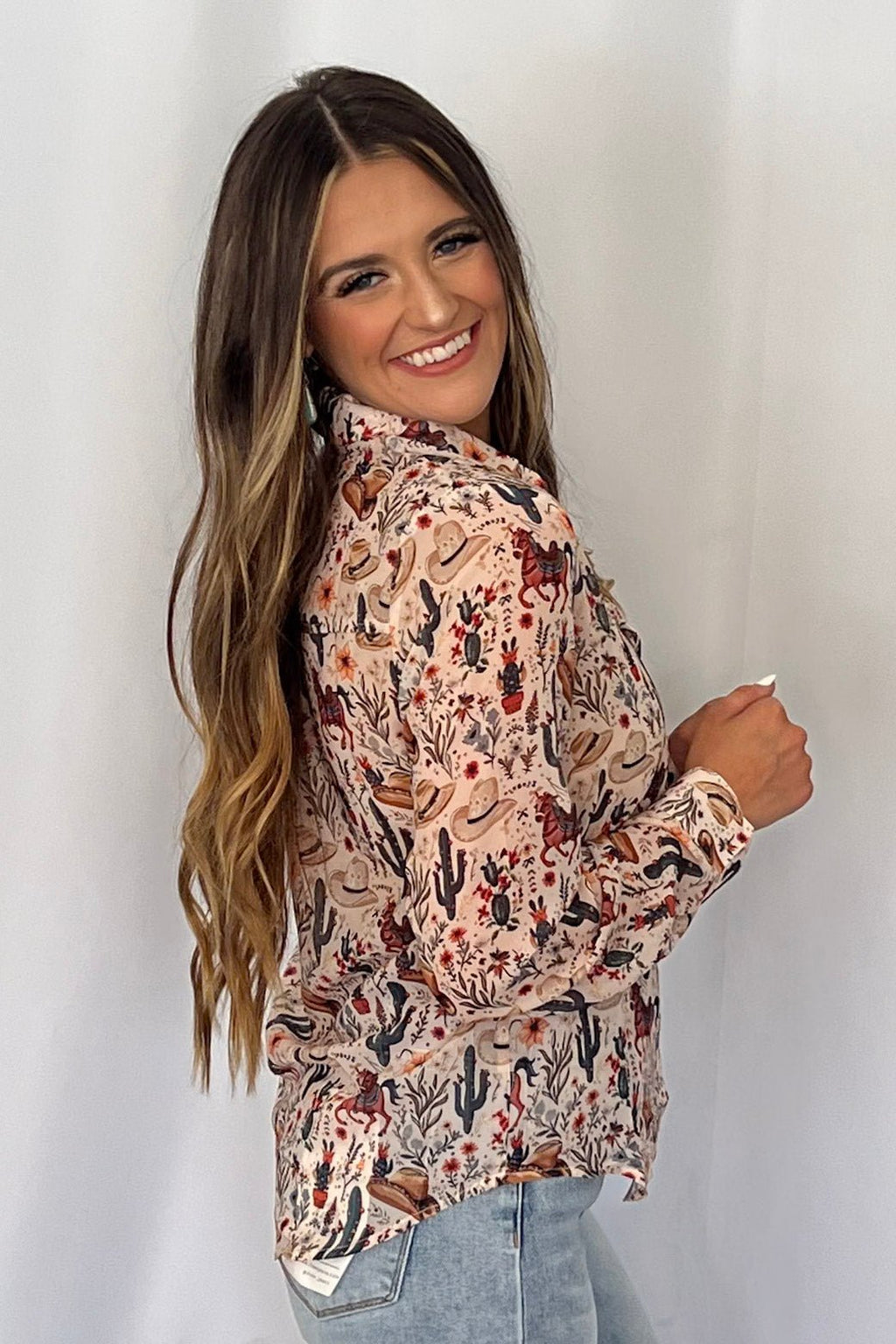 Blue B "Painted Desert" Western Chiffon Button-Up Blouse — Lightweight Semi-Opaque Desert Print (small remains) - Rooted & Reckless Co.