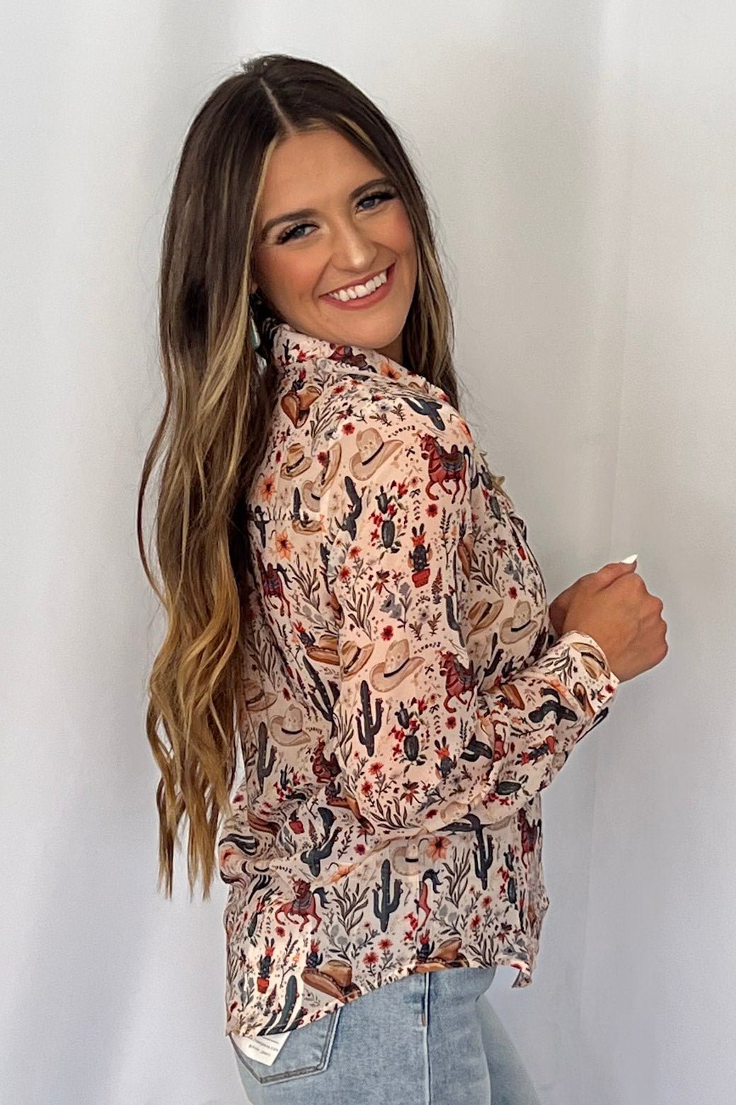 Blue B "Painted Desert" Western Chiffon Button-Up Blouse — Lightweight Semi-Opaque Desert Print (small remains) - Rooted & Reckless Co.