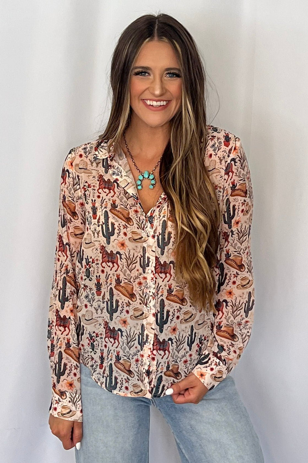 Blue B "Painted Desert" Western Chiffon Button-Up Blouse — Lightweight Semi-Opaque Desert Print (small remains) - Rooted & Reckless Co.