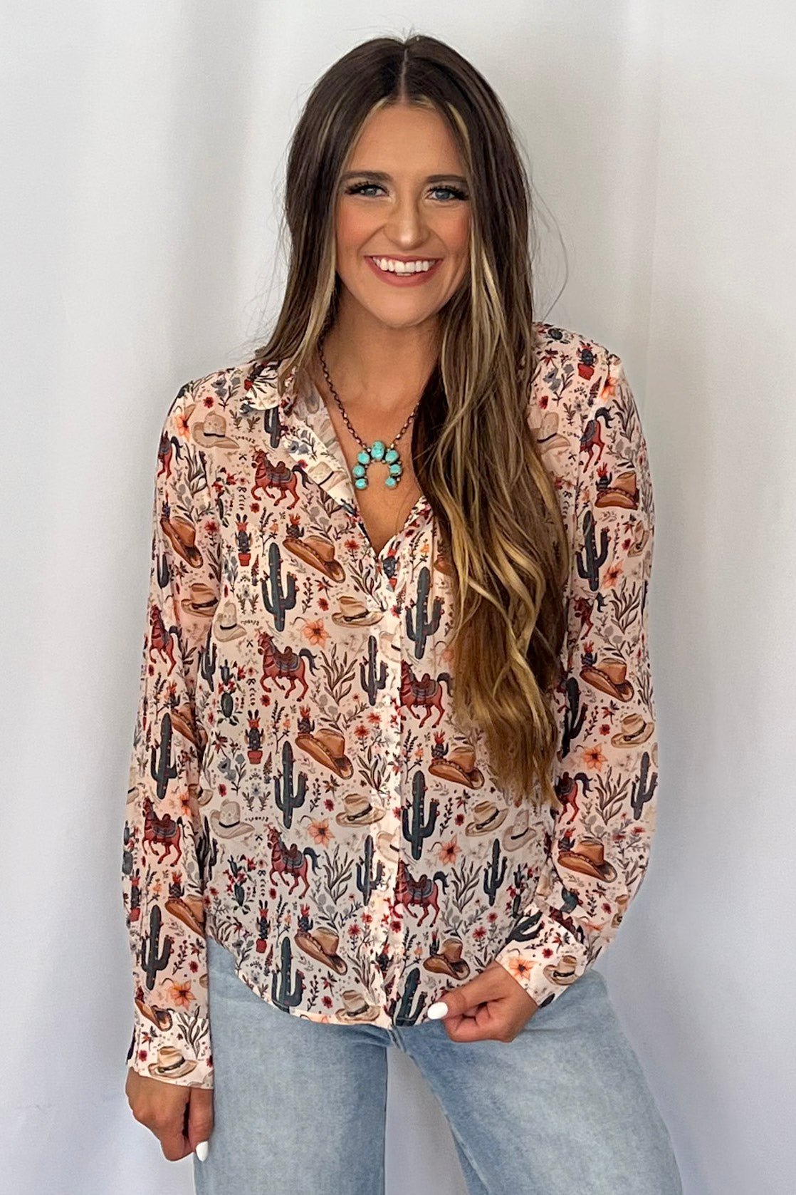 Blue B "Painted Desert" Western Chiffon Button-Up Blouse — Lightweight Semi-Opaque Desert Print (small remains) - Rooted & Reckless Co.