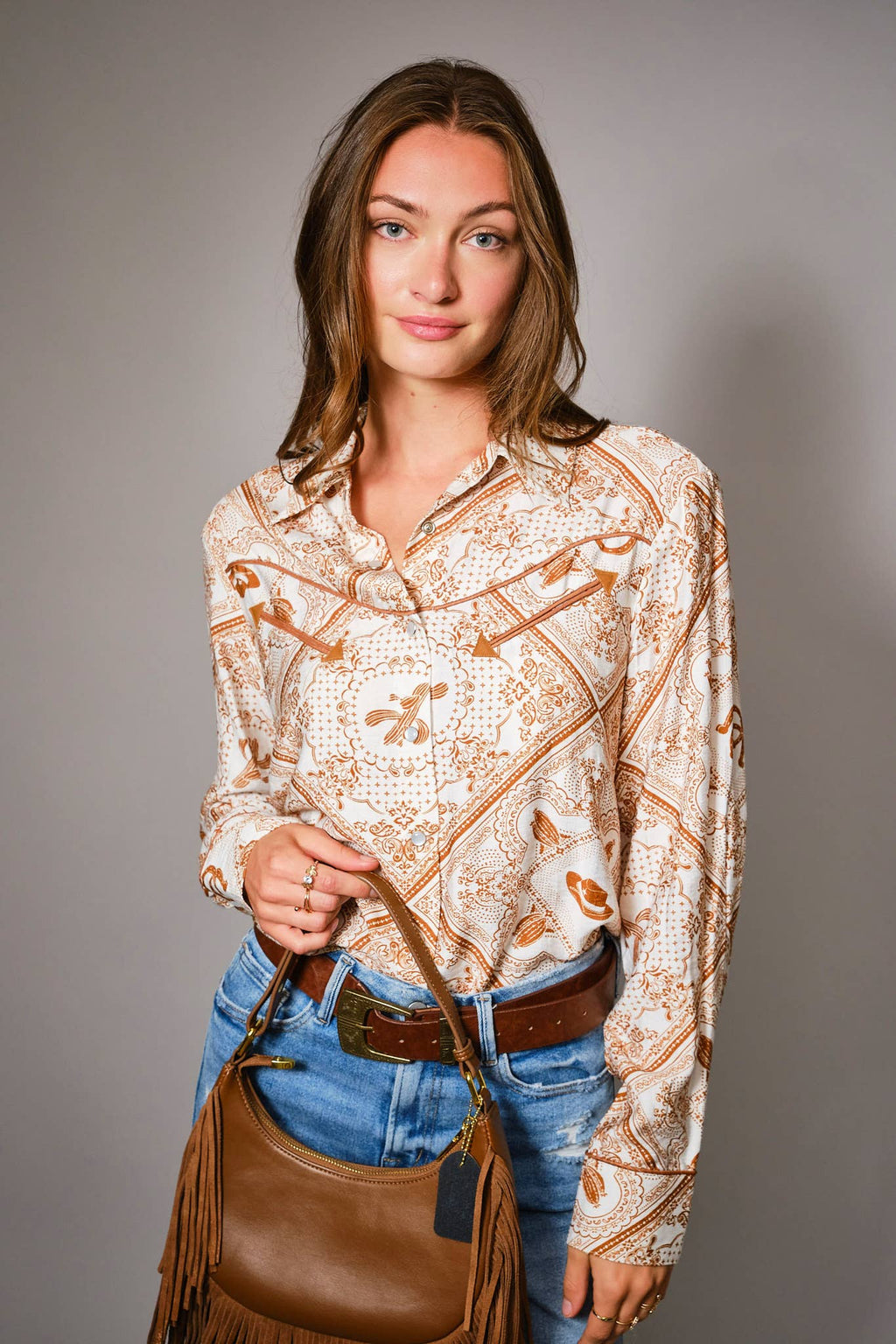 Blue B "Rust Bandana" Vintage Western Snap-Front Shirt — Buttery-Soft 100% Rayon Cowgirl Outlaw - Rooted & Reckless Co.