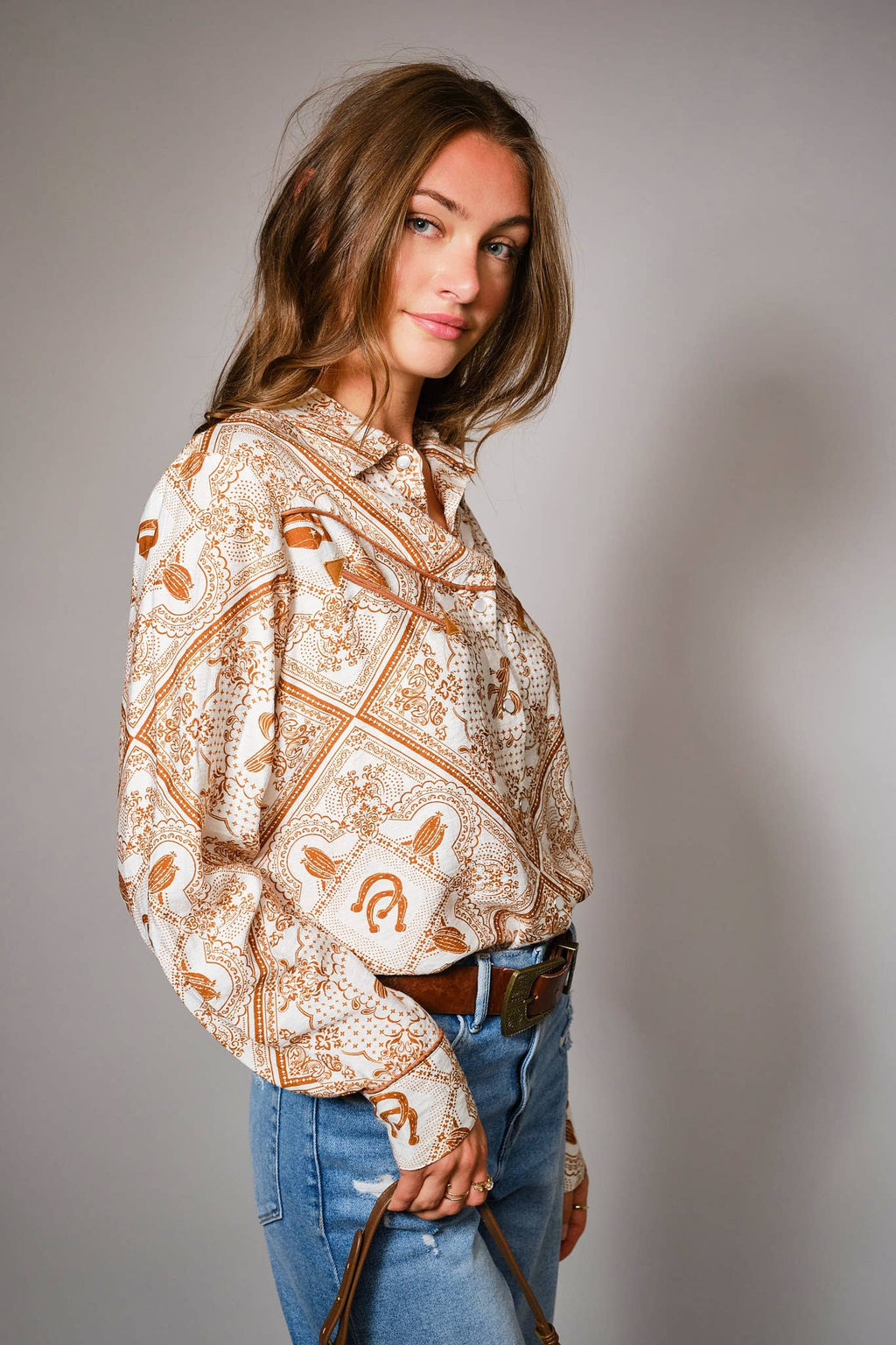 Blue B "Rust Bandana" Vintage Western Snap-Front Shirt — Buttery-Soft 100% Rayon Cowgirl Outlaw - Rooted & Reckless Co.