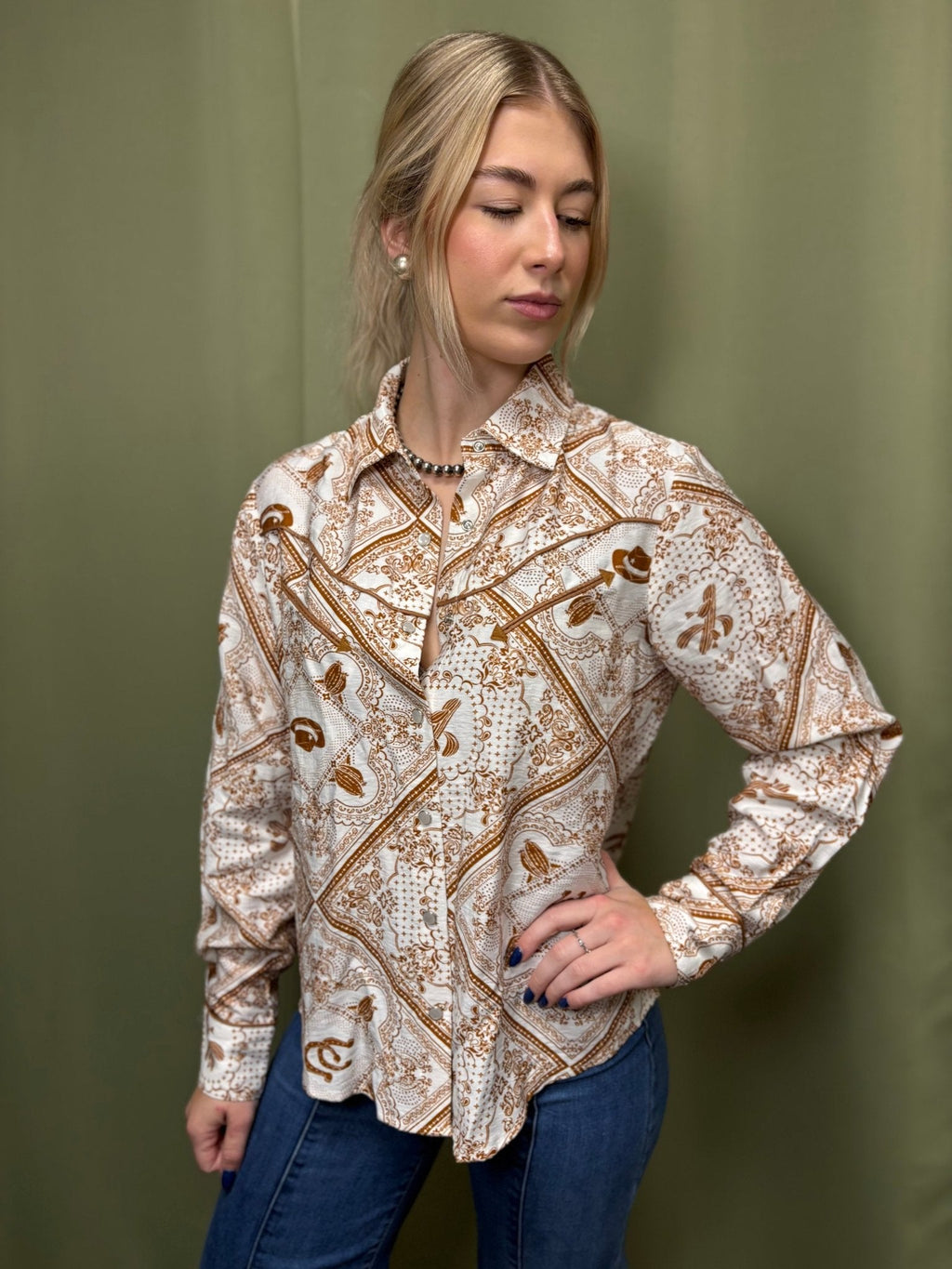 Blue B "Rust Bandana" Vintage Western Snap-Front Shirt — Buttery-Soft 100% Rayon Cowgirl Outlaw - Rooted & Reckless Co.