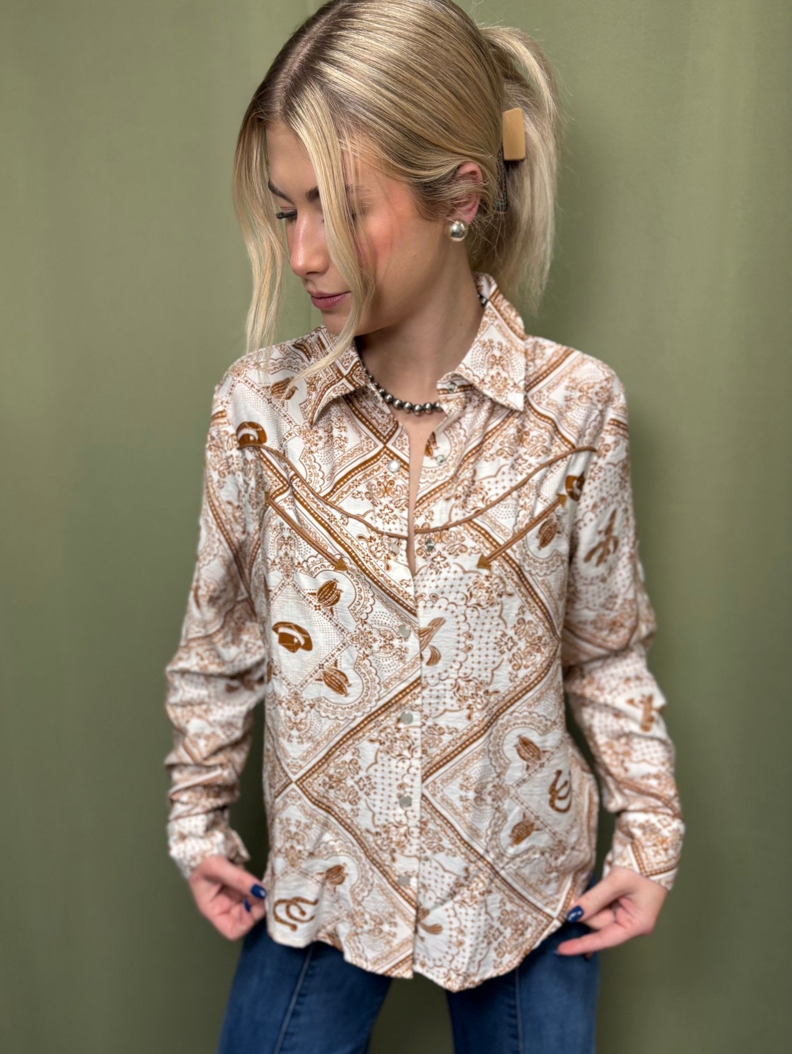 Blue B "Rust Bandana" Vintage Western Snap-Front Shirt — Buttery-Soft 100% Rayon Cowgirl Outlaw - Rooted & Reckless Co.