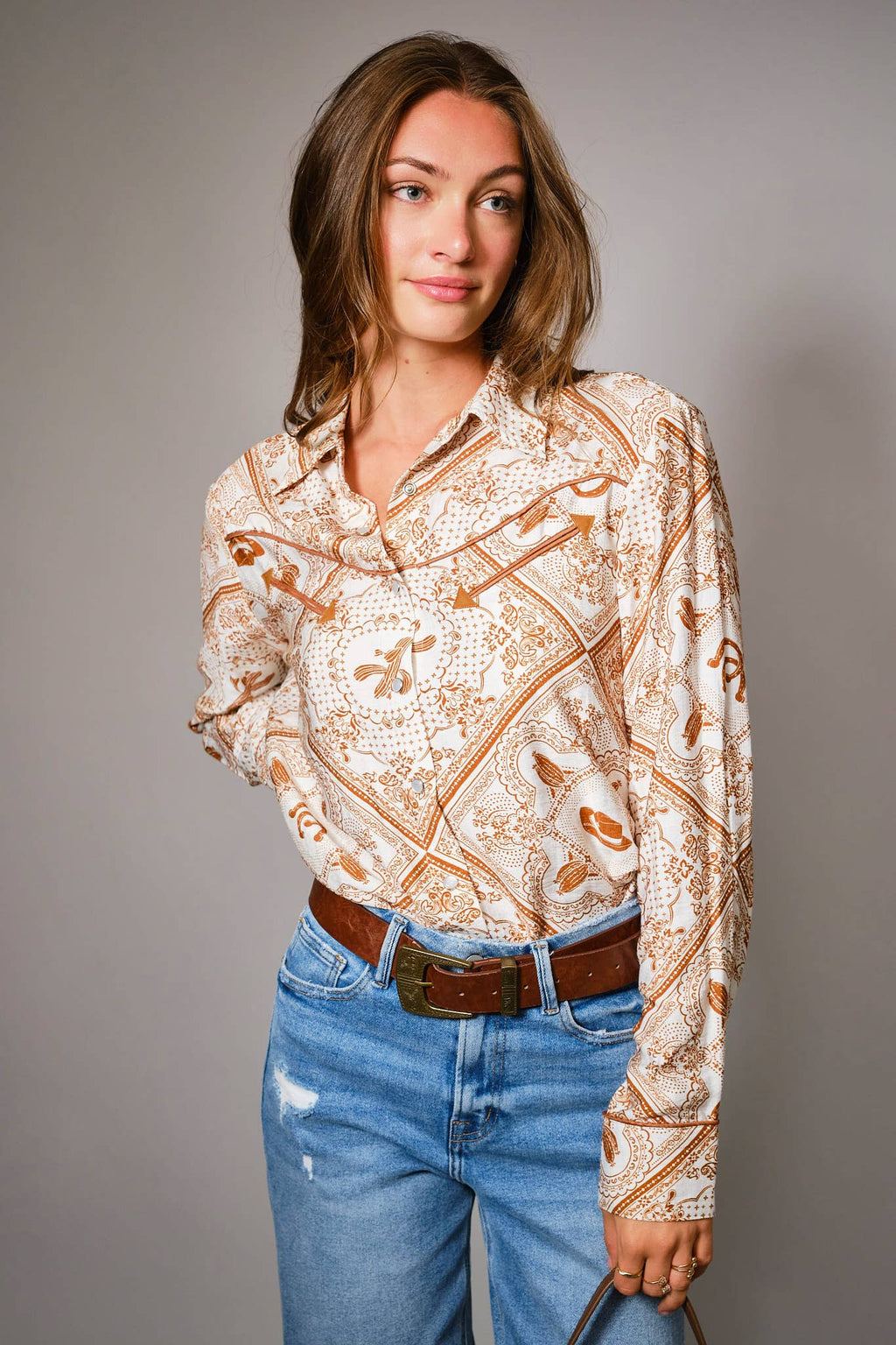 Blue B "Rust Bandana" Vintage Western Snap-Front Shirt — Buttery-Soft 100% Rayon Cowgirl Outlaw - Rooted & Reckless Co.