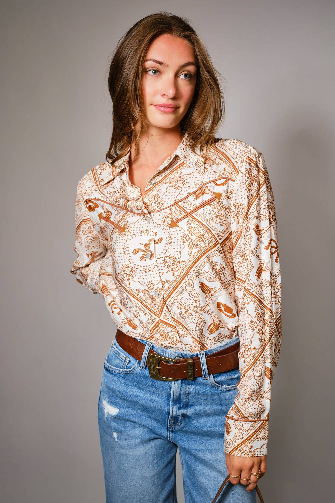 Blue B "Rust Bandana" Vintage Western Snap-Front Shirt — Buttery-Soft 100% Rayon Cowgirl Outlaw - Rooted & Reckless Co.