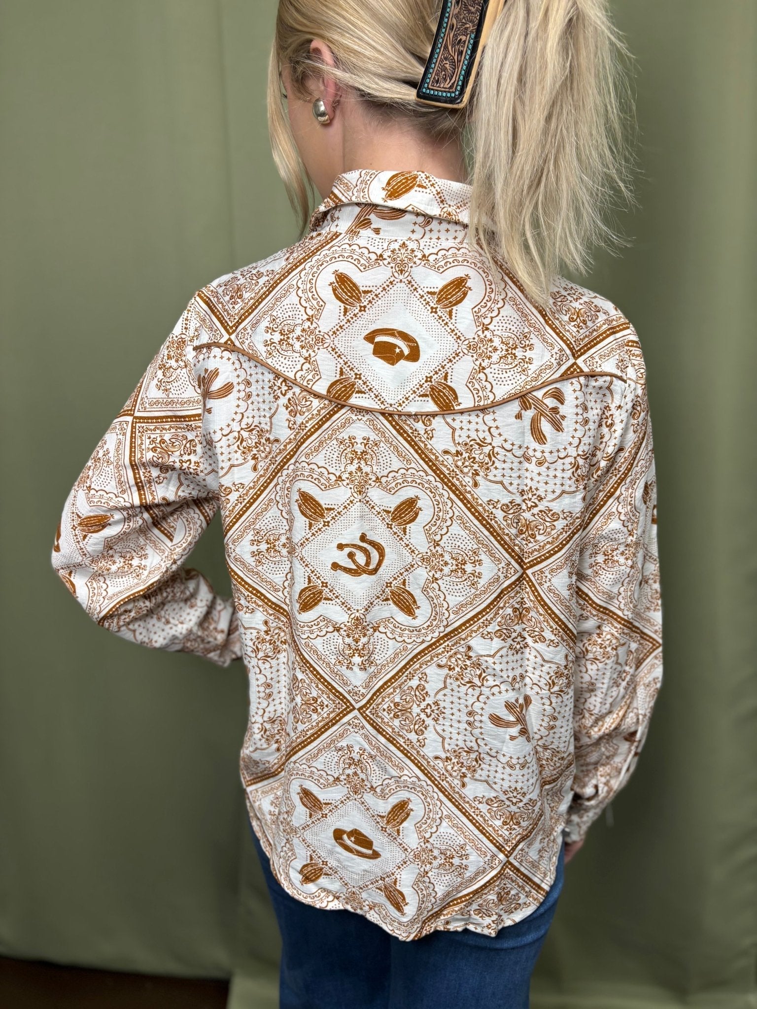 Blue B "Rust Bandana" Vintage Western Snap-Front Shirt — Buttery-Soft 100% Rayon Cowgirl Outlaw - Rooted & Reckless Co.