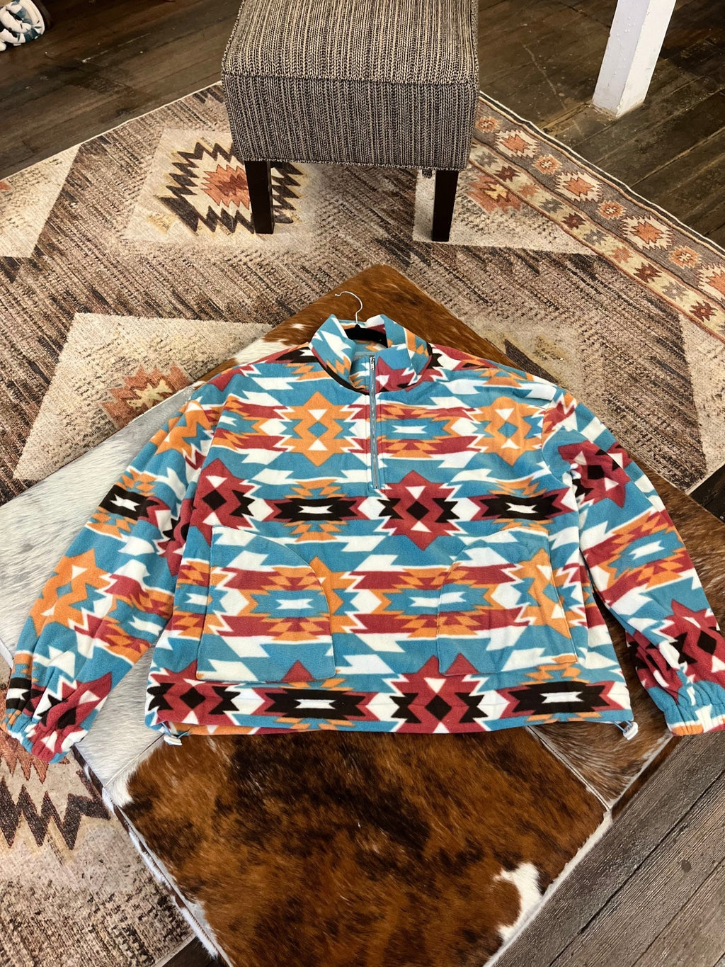 Blue B "Santa Fe" Aztec Sherpa Fleece Zip-Up Western Pullover Sweatshirt — Side Pocket with Adjustable Toggle Cords - Rooted & Reckless Co.