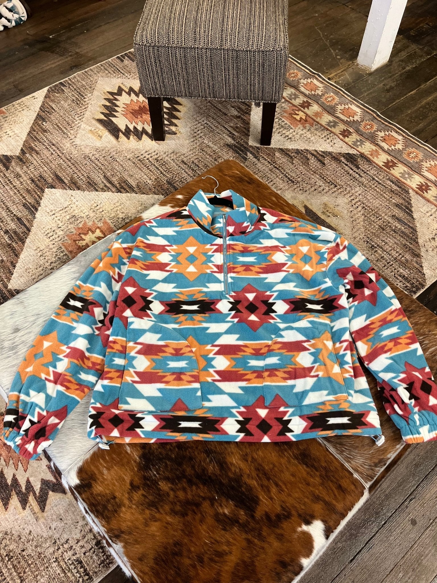 Blue B "Santa Fe" Aztec Sherpa Fleece Zip-Up Western Pullover Sweatshirt — Side Pocket with Adjustable Toggle Cords - Rooted & Reckless Co.