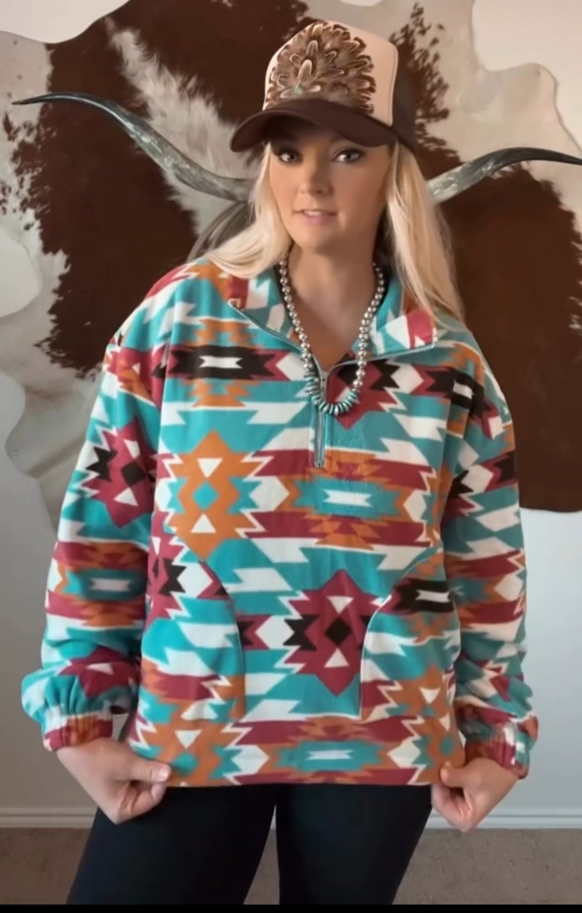Blue B "Santa Fe" Aztec Sherpa Fleece Zip-Up Western Pullover Sweatshirt — Side Pocket with Adjustable Toggle Cords - Rooted & Reckless Co.