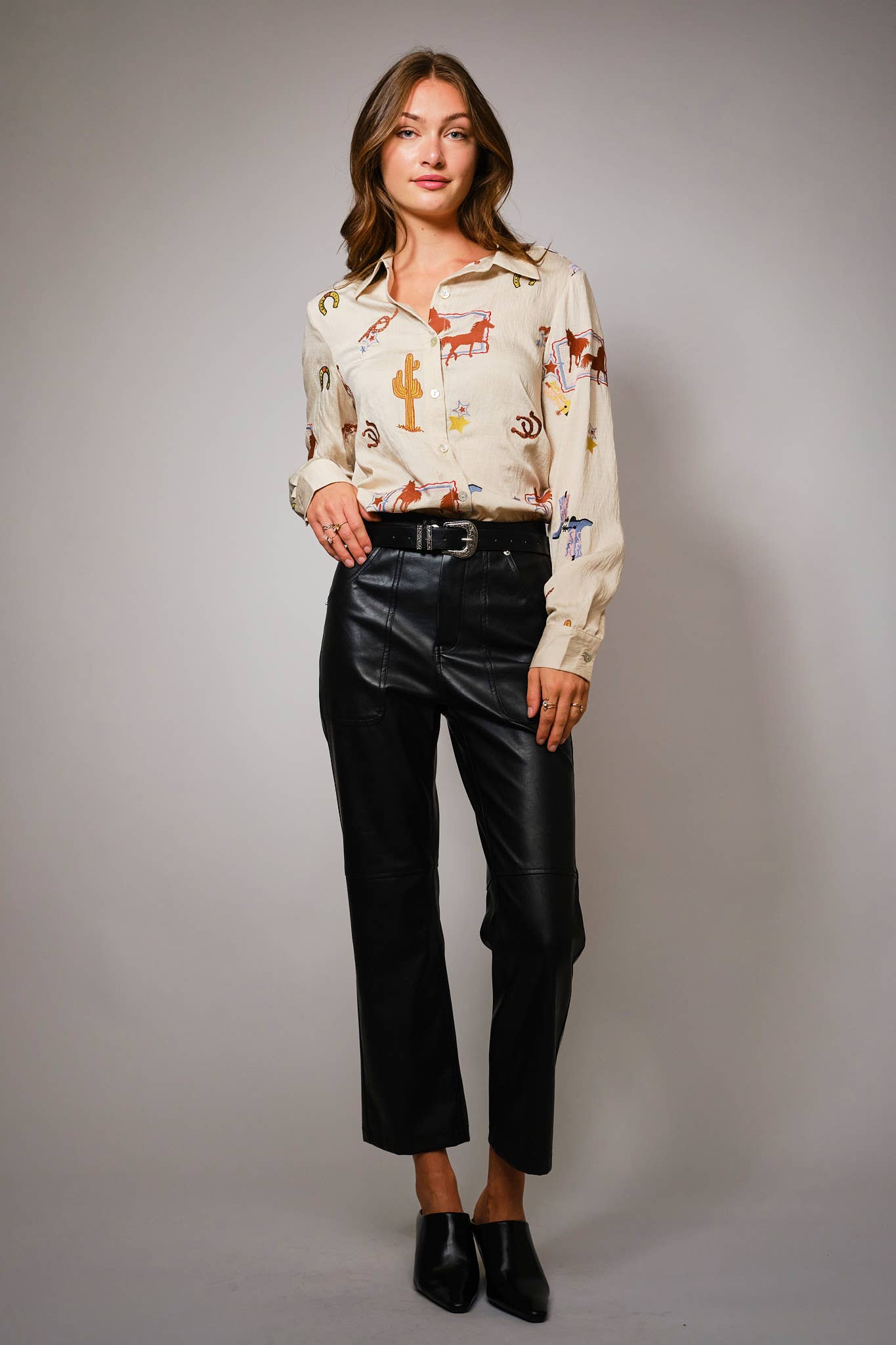 Blue B "She's Western" Embroidered Shirt — Horses, Cacti, Stars & Boots Western Embroidery - Rooted & Reckless Co.