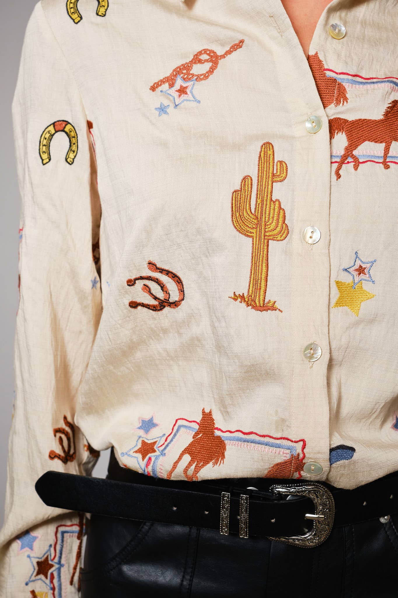 Blue B "She's Western" Embroidered Shirt — Horses, Cacti, Stars & Boots Western Embroidery - Rooted & Reckless Co.