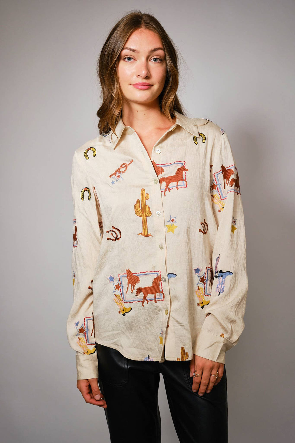 Blue B "She's Western" Embroidered Shirt — Horses, Cacti, Stars & Boots Western Embroidery - Rooted & Reckless Co.