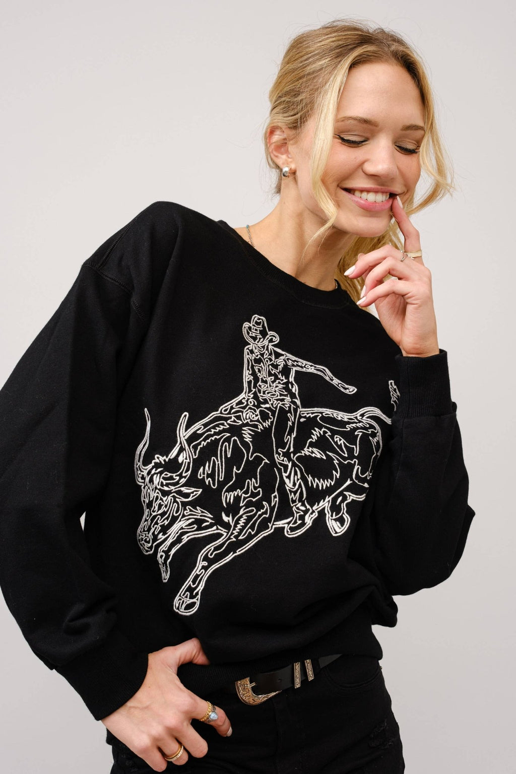 Blue B Western Bull Rider Embroidered Pullover Sweatshirt — 100% Cotton Rodeo Statement - Rooted & Reckless Co.