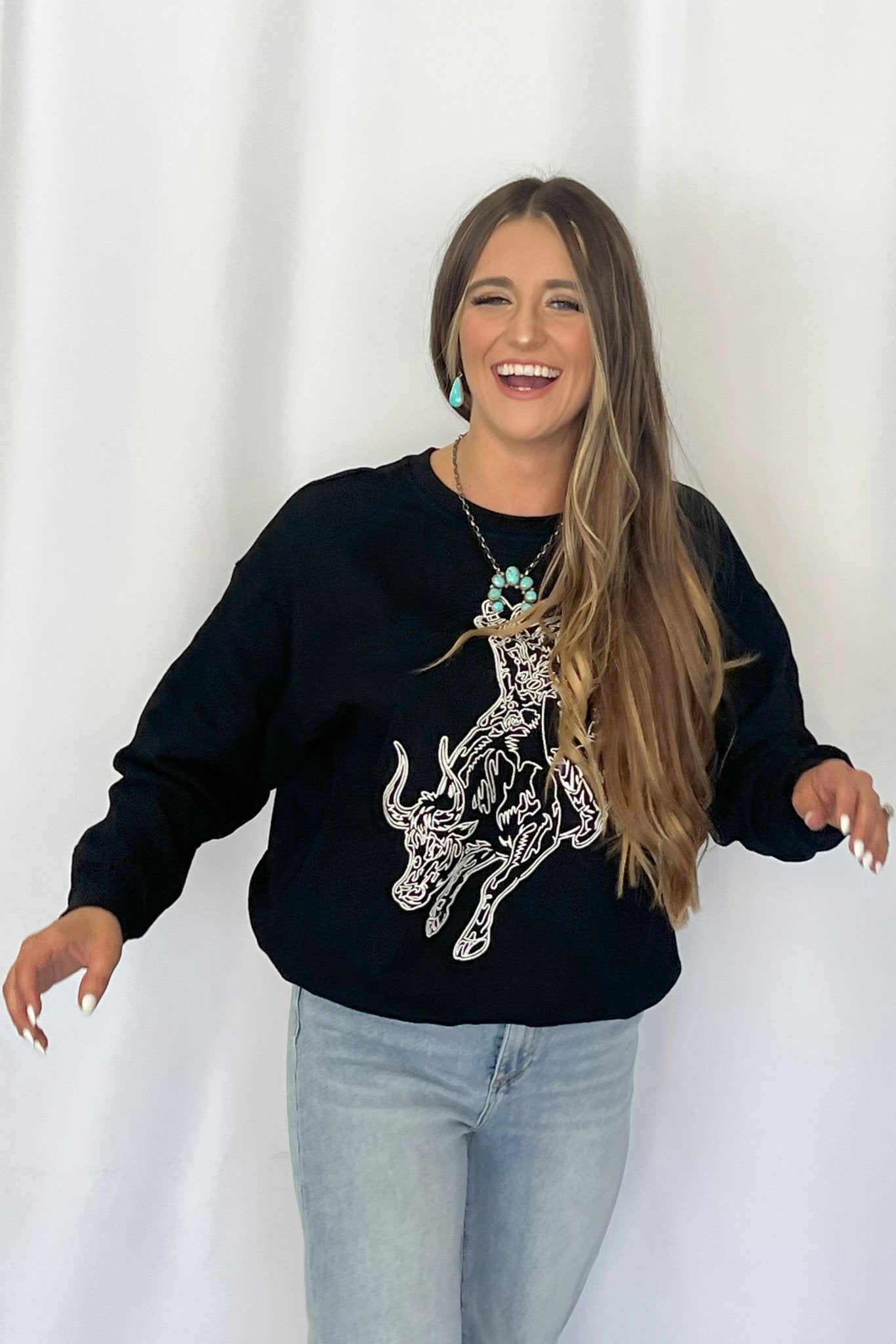 Blue B Western Bull Rider Embroidered Pullover Sweatshirt — 100% Cotton Rodeo Statement - Rooted & Reckless Co.