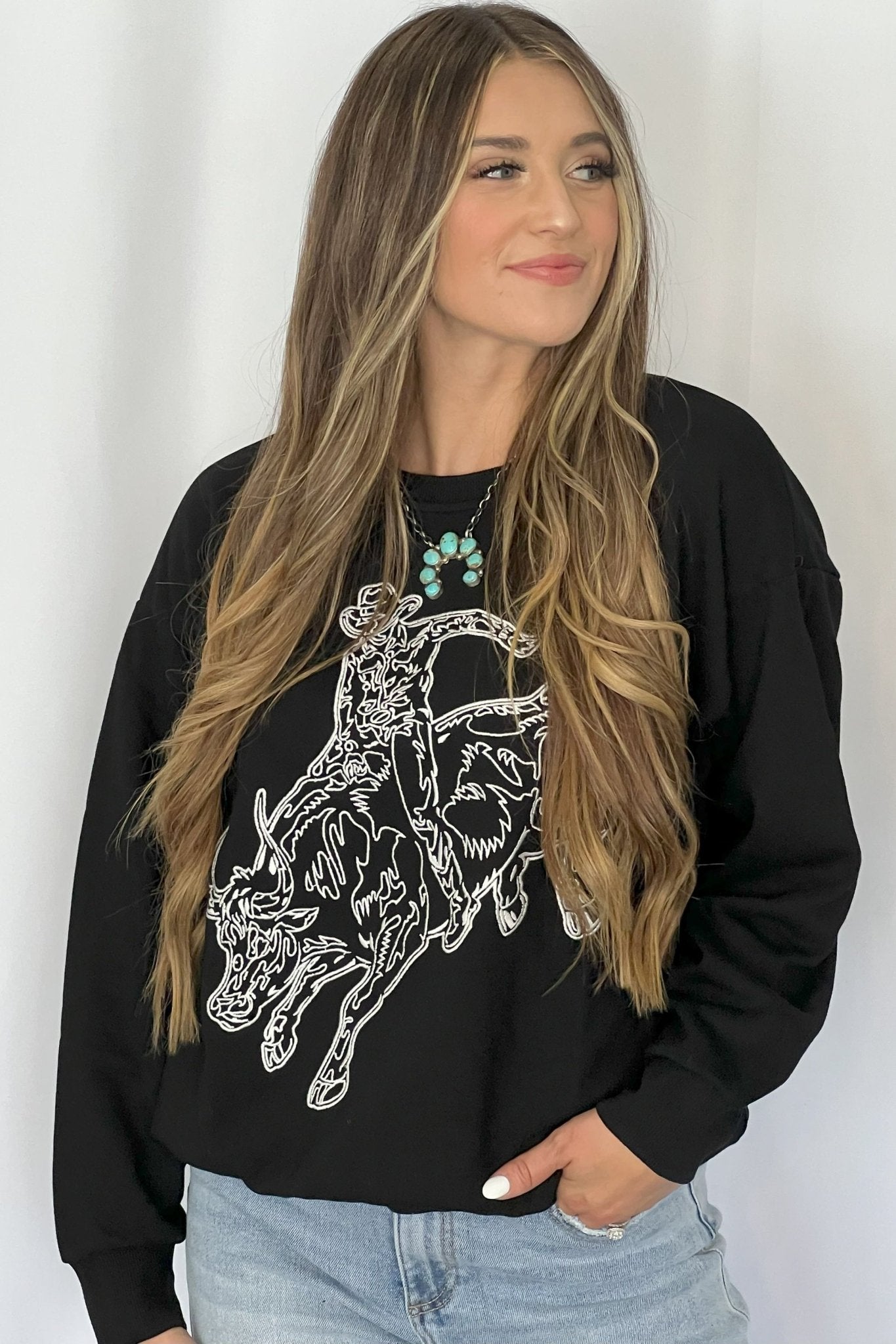 Blue B Western Bull Rider Embroidered Pullover Sweatshirt — 100% Cotton Rodeo Statement - Rooted & Reckless Co.