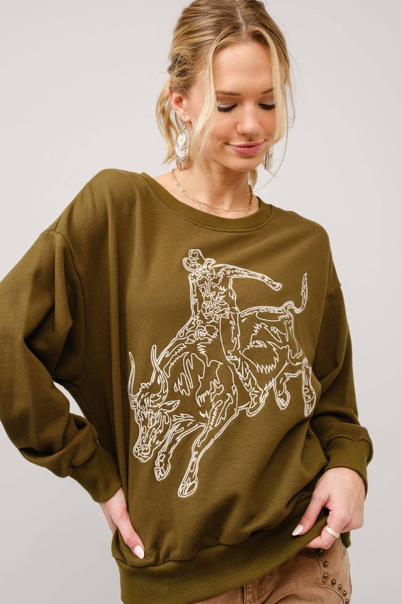 Blue B Western Bull Rider Embroidered Pullover Sweatshirt — 100% Cotton Rodeo Statement - Rooted & Reckless Co.