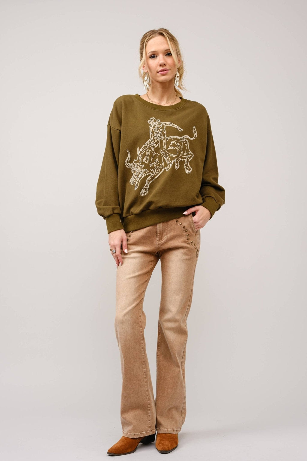 Blue B Western Bull Rider Embroidered Pullover Sweatshirt — 100% Cotton Rodeo Statement - Rooted & Reckless Co.