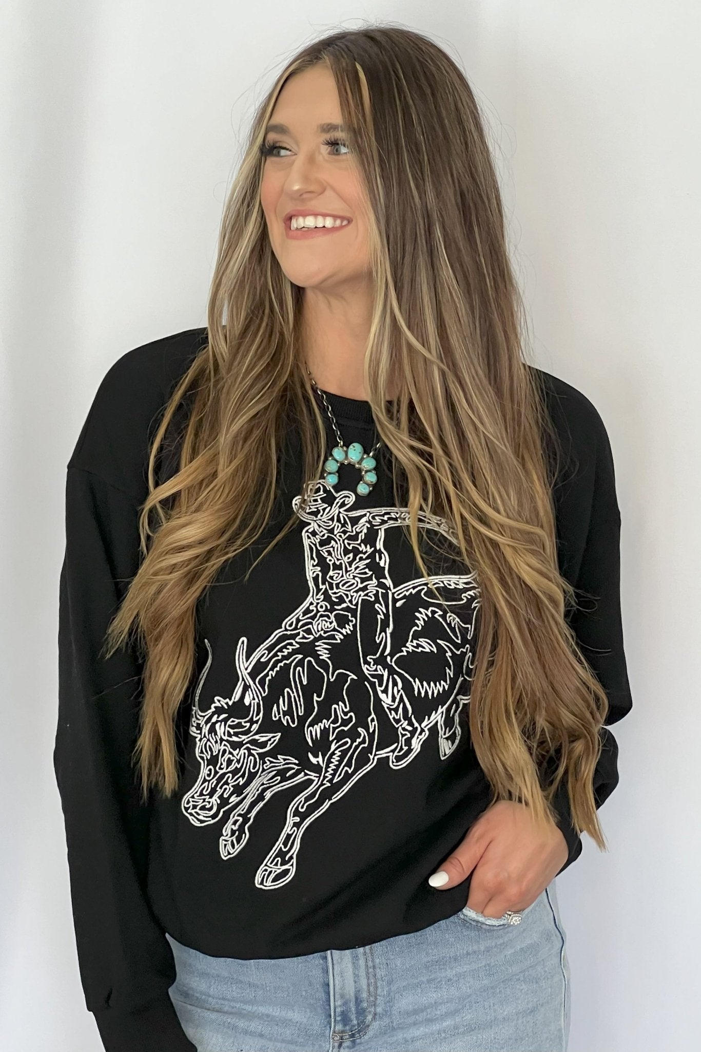 Blue B Western Bull Rider Embroidered Pullover Sweatshirt — 100% Cotton Rodeo Statement - Rooted & Reckless Co.