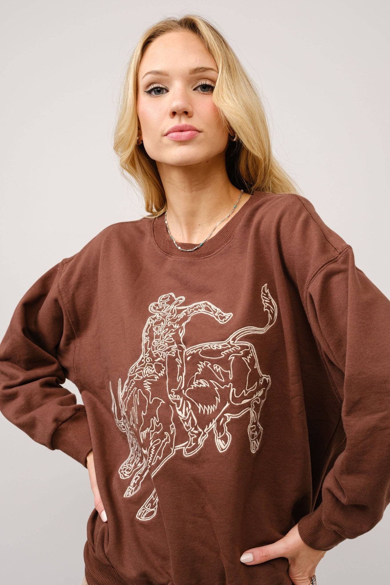 Blue B Western Bull Rider Embroidered Pullover Sweatshirt — 100% Cotton Rodeo Statement - Rooted & Reckless Co.