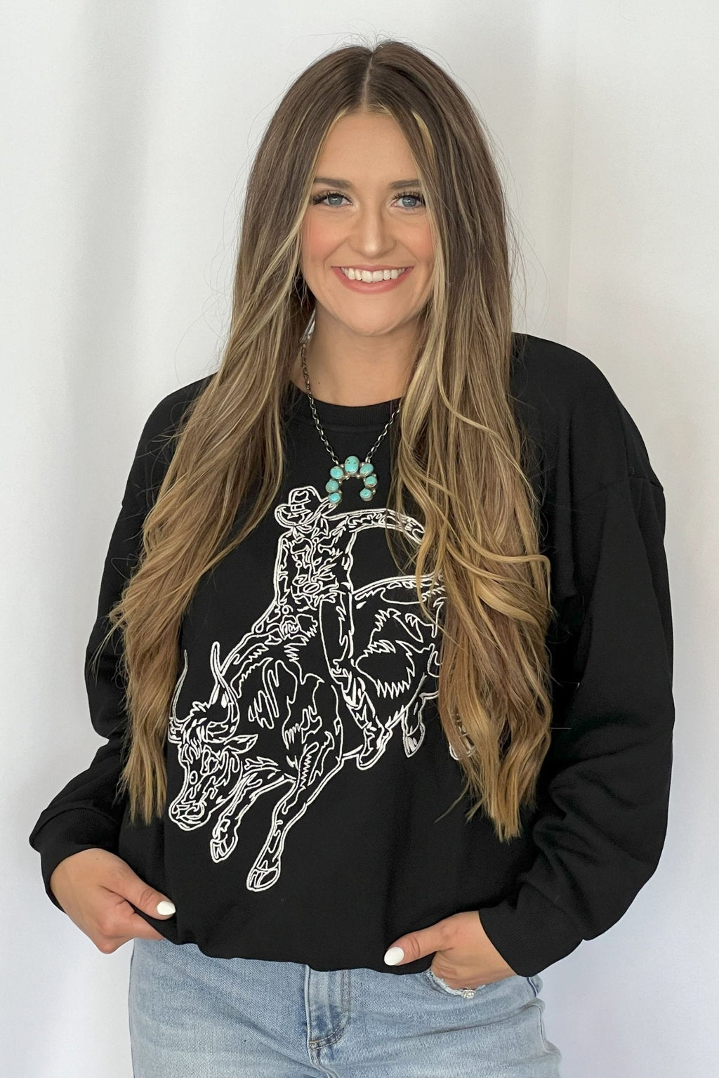 Blue B Western Bull Rider Embroidered Pullover Sweatshirt — 100% Cotton Rodeo Statement - Rooted & Reckless Co.