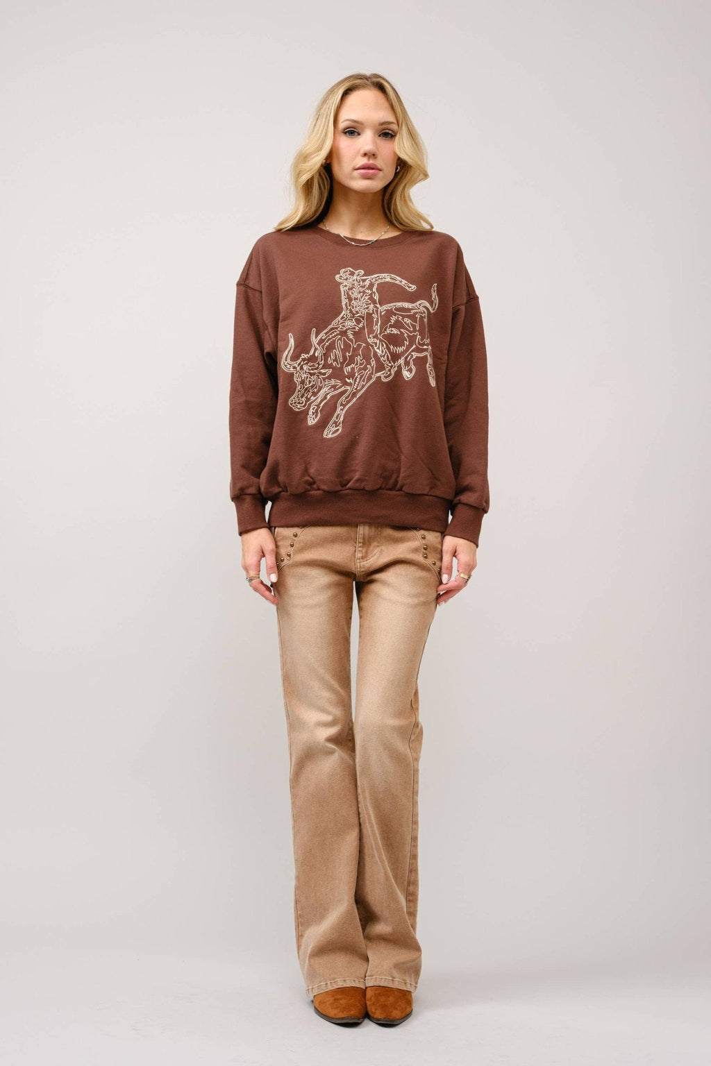Blue B Western Bull Rider Embroidered Pullover Sweatshirt — 100% Cotton Rodeo Statement - Rooted & Reckless Co.