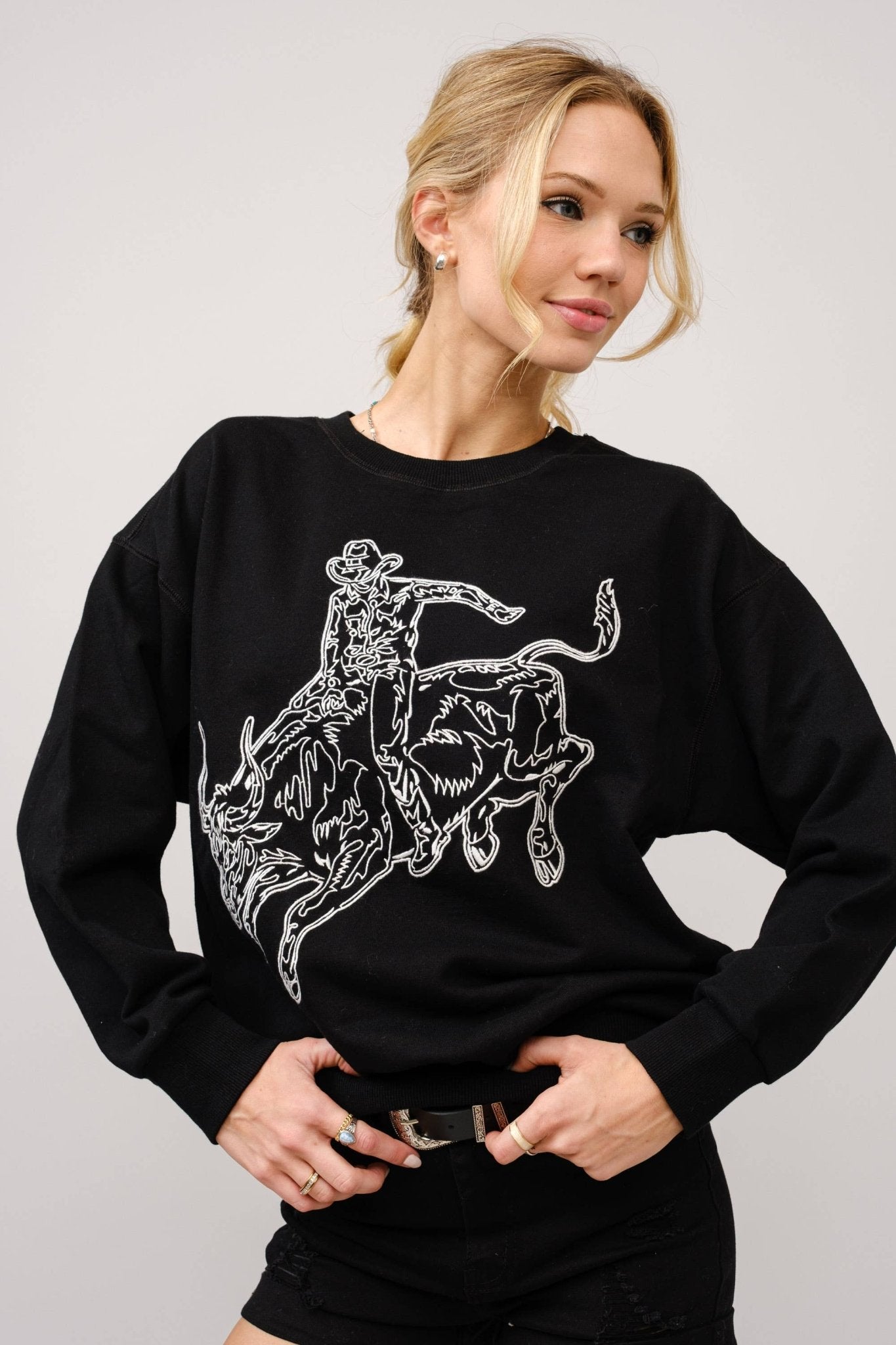 Blue B Western Bull Rider Embroidered Pullover Sweatshirt — 100% Cotton Rodeo Statement - Rooted & Reckless Co.