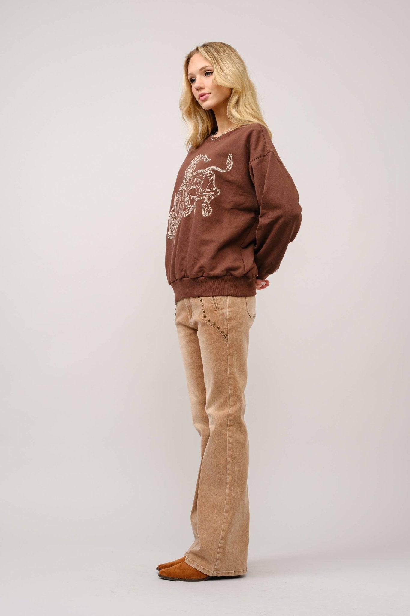 Blue B Western Bull Rider Embroidered Pullover Sweatshirt — 100% Cotton Rodeo Statement - Rooted & Reckless Co.
