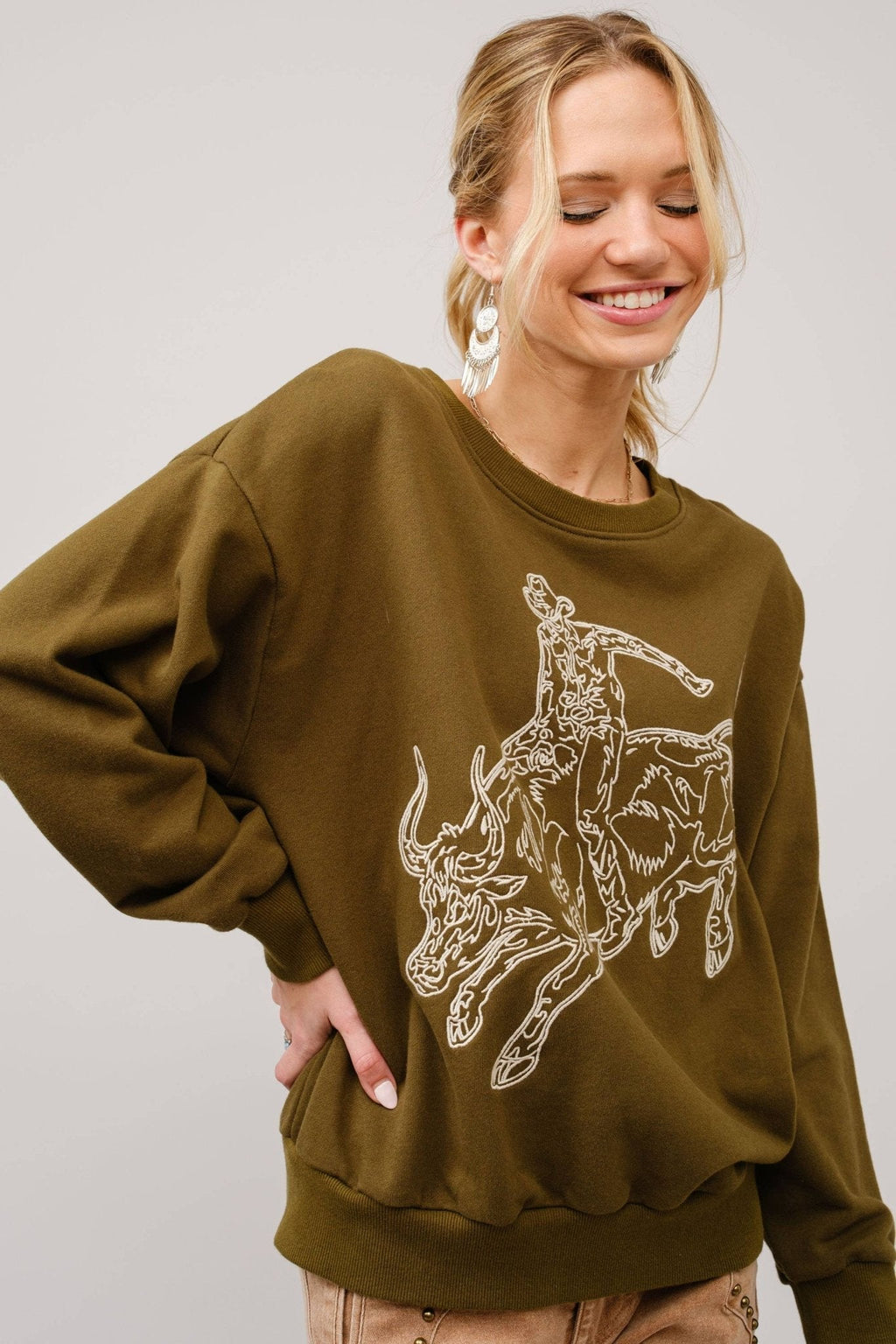 Blue B Western Bull Rider Embroidered Pullover Sweatshirt — 100% Cotton Rodeo Statement - Rooted & Reckless Co.